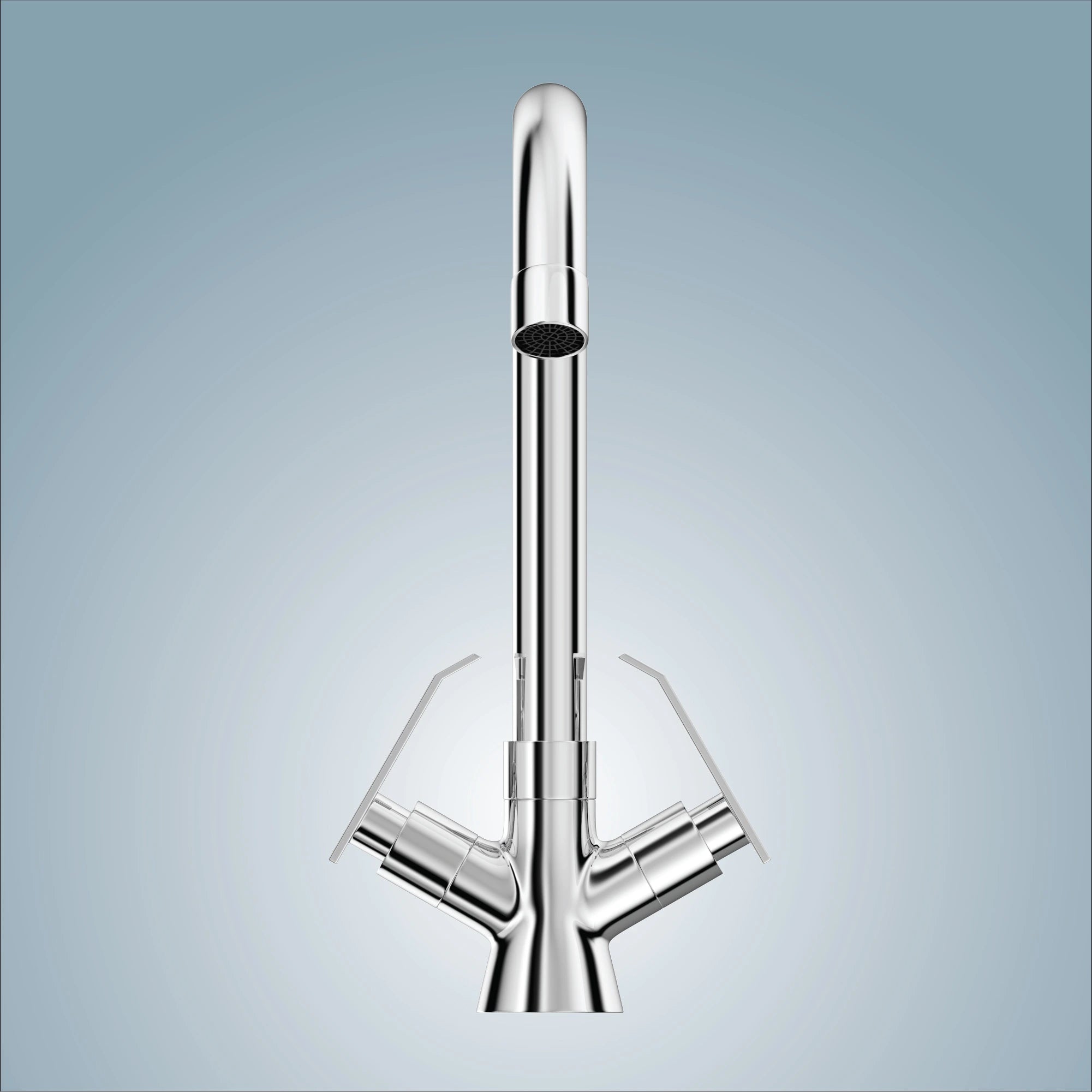 Hot and cold water mixer swan neck faucet with dual levers, brass deck mount, Gloxy Jet+ Series