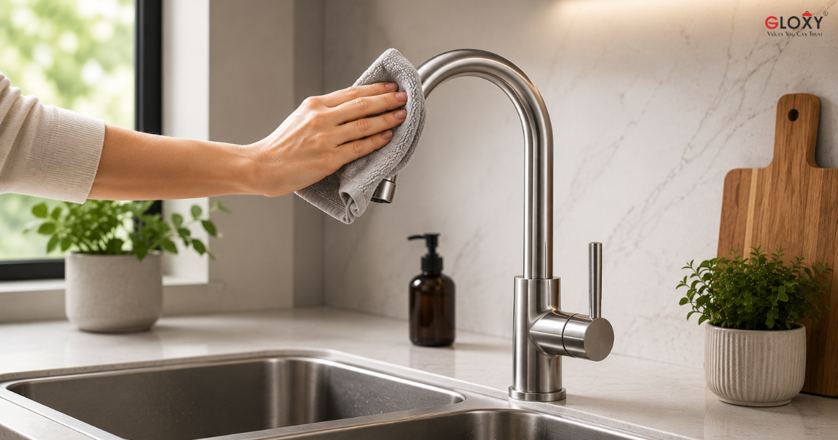 A modern stainless steel kitchen faucet with a single-handle design, shown on a white countertop next to a sink. A person's hand is wiping the faucet with a gray cloth.