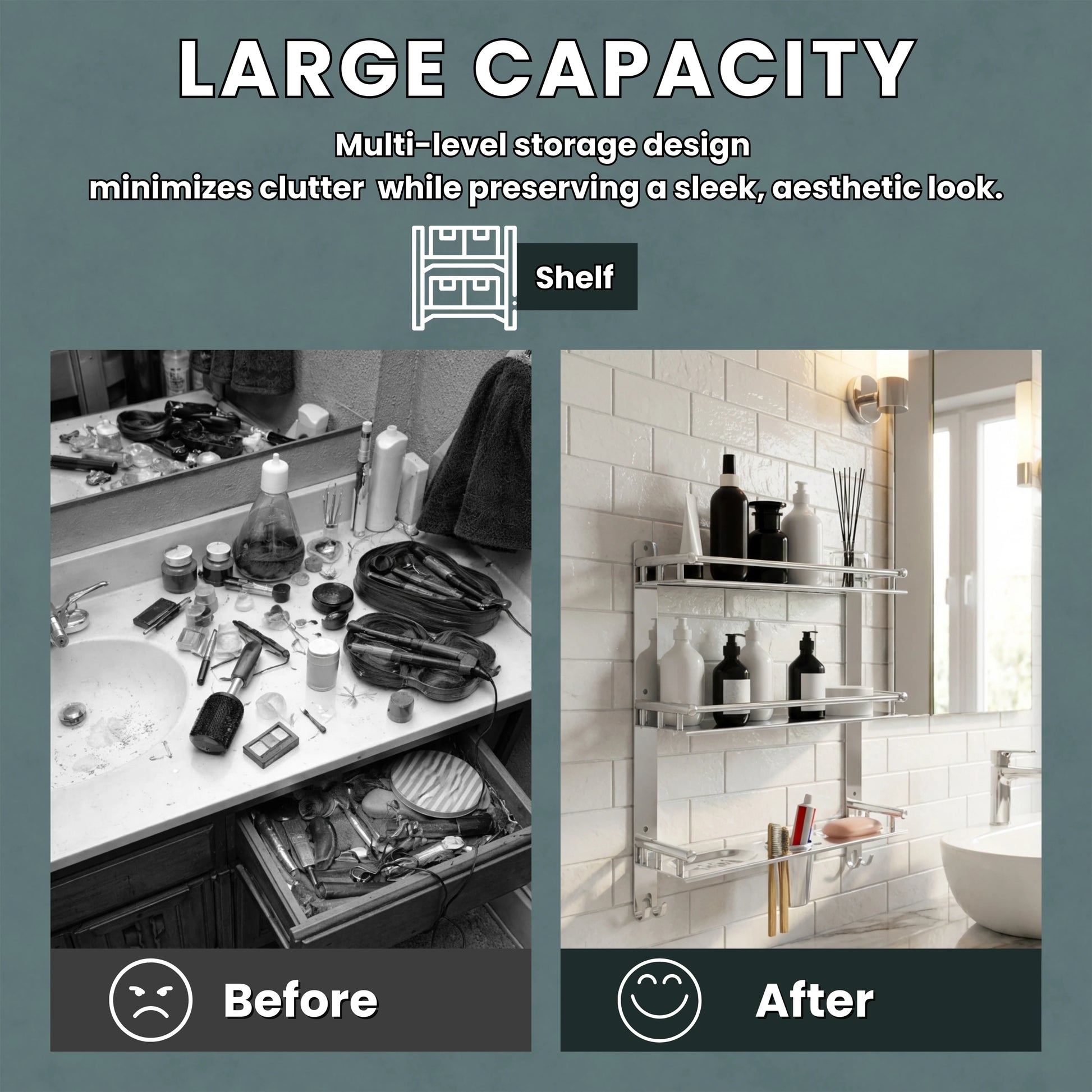 Gloxy Stainless Steel 3-Layer Chrome Finish Bathroom Shelf with Double Soap Dish,Toothbrush Holder & Hooks