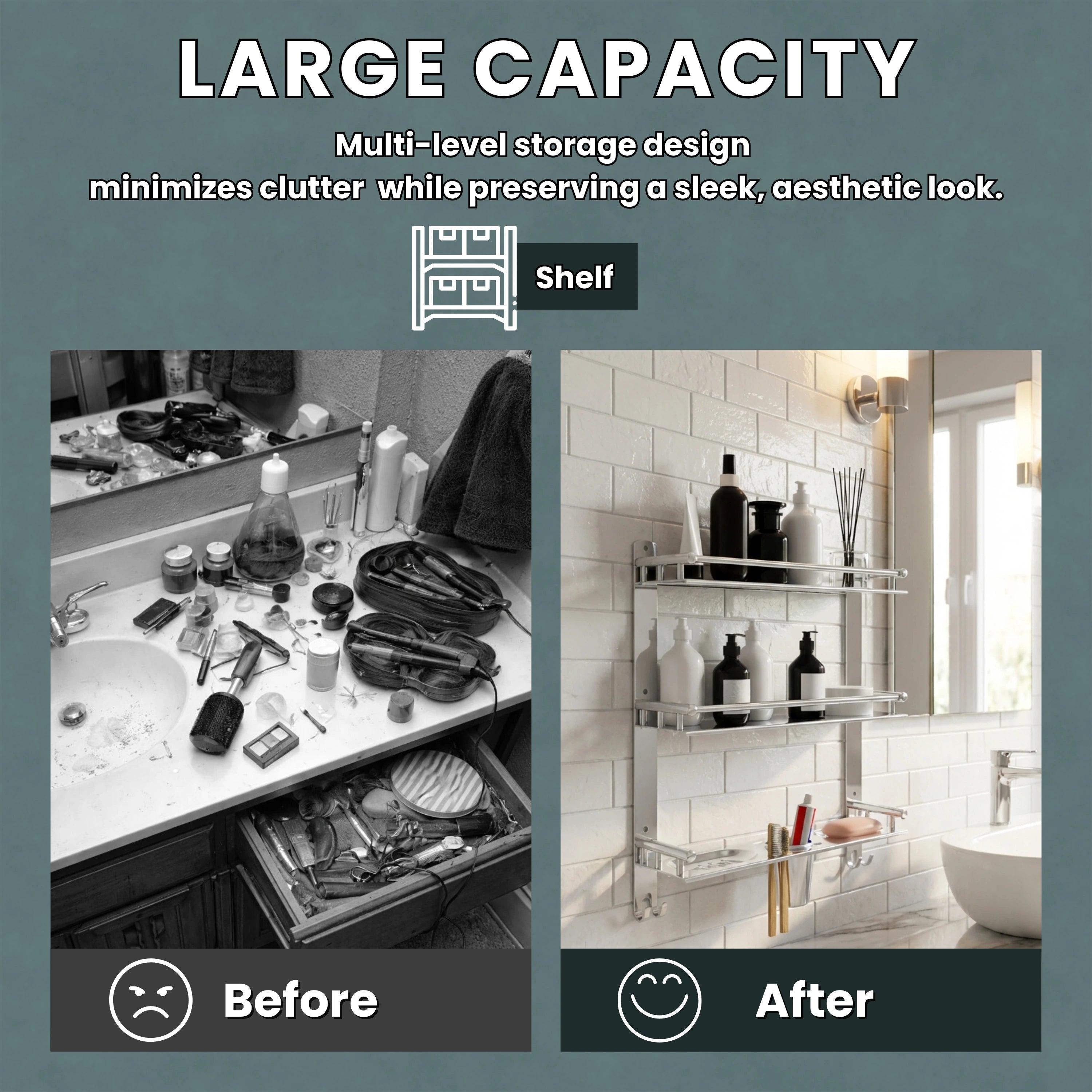 Gloxy Stainless Steel 3-Layer Chrome Finish Bathroom Shelf with Double Soap Dish,Toothbrush Holder & Hooks