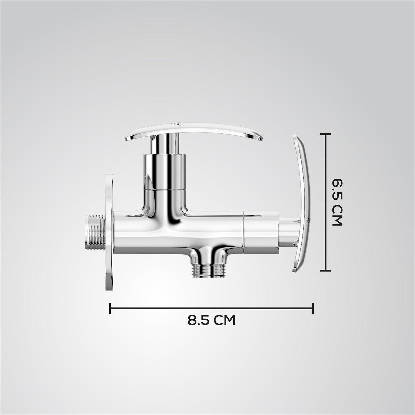 Chrome wall-mounted shower valve with dimensions on a gray background