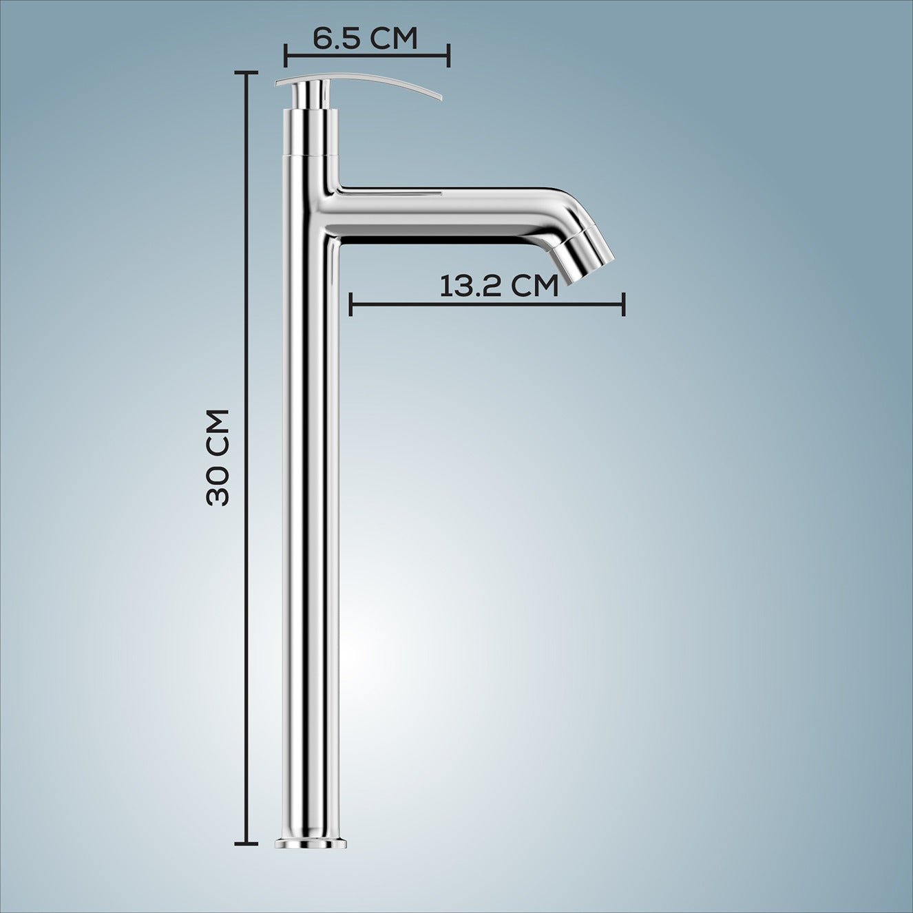 Chrome kitchen faucet with dimensions labeled on a light blue background