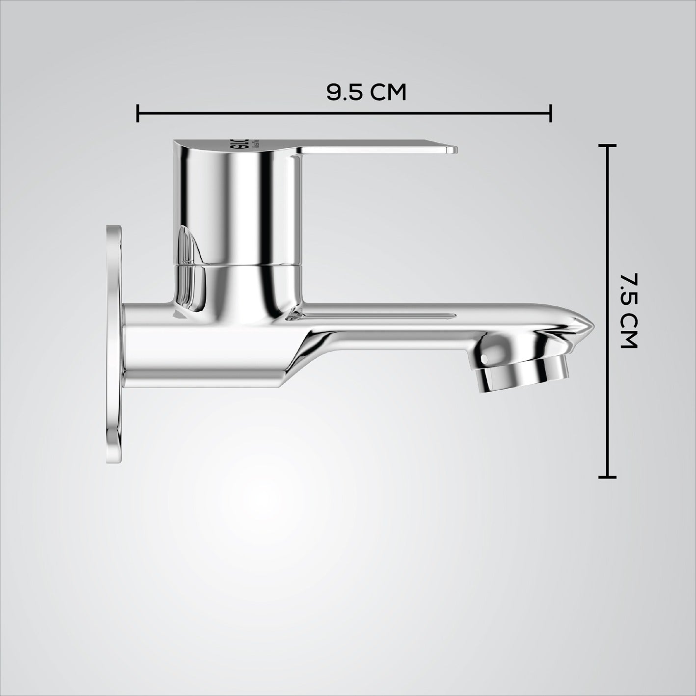 Chrome wall-mounted long body bib cock with dimensions on a white background