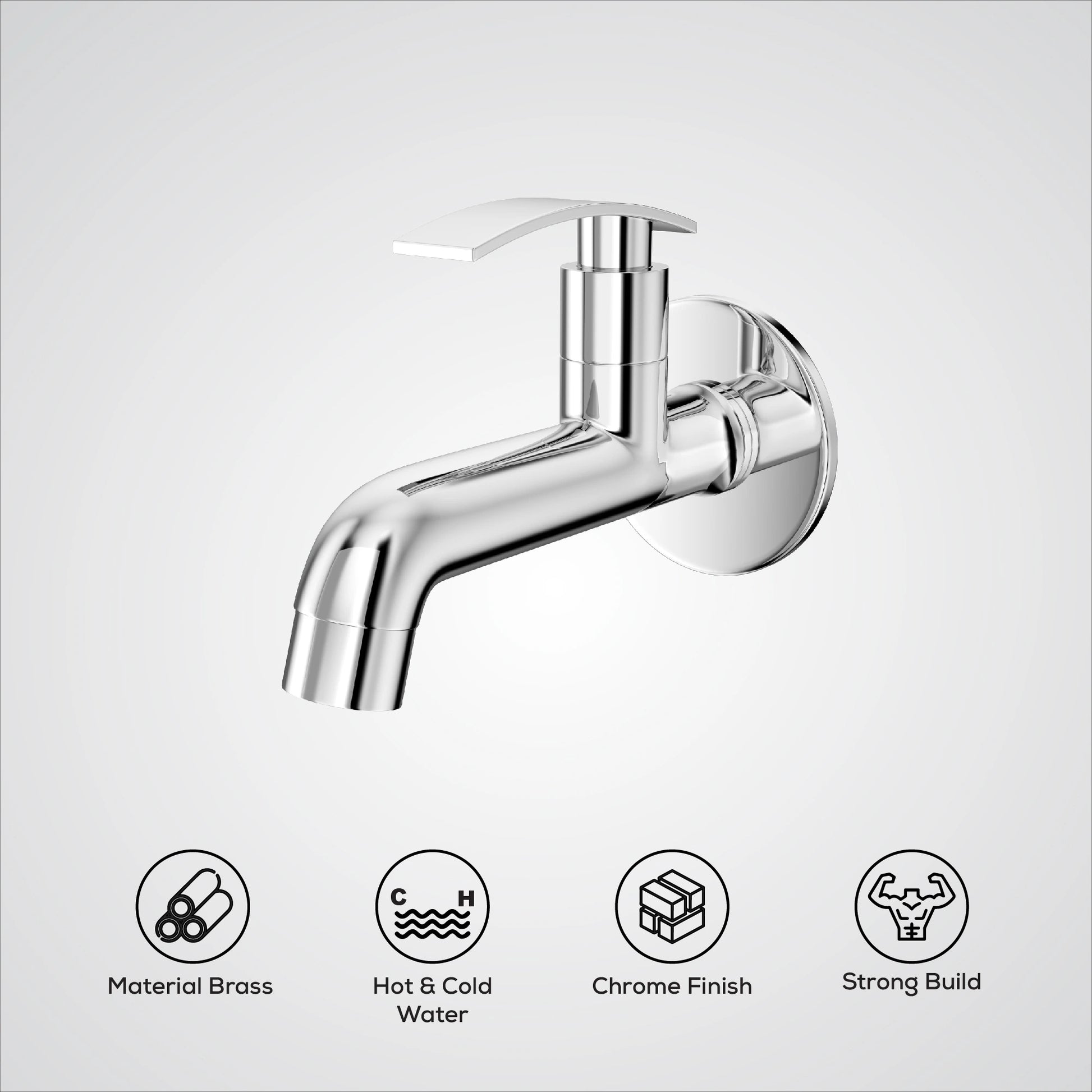 Chrome faucet on a white background with feature icons.