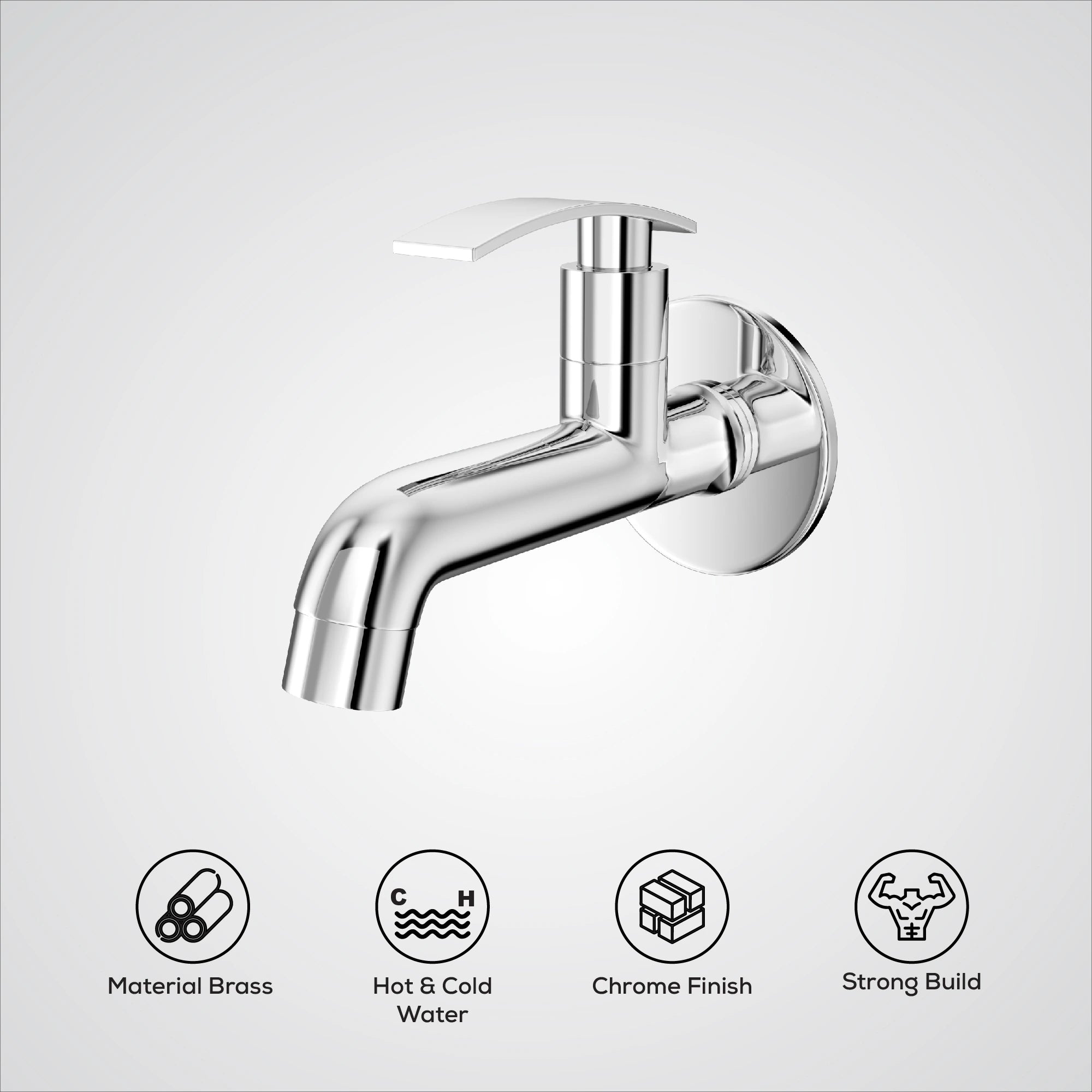 Chrome faucet on a white background with feature icons.