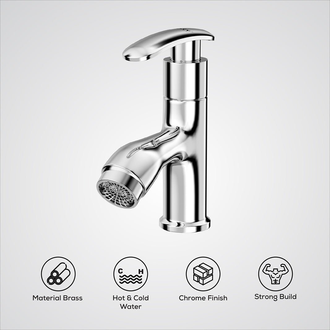 Chrome kitchen faucet on a white background with feature icons below.