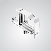 A chrome finish brass angle valve with two handles, branded by GLOXY, designed for connecting washing machines, hand showers, toilet, and health faucets.
