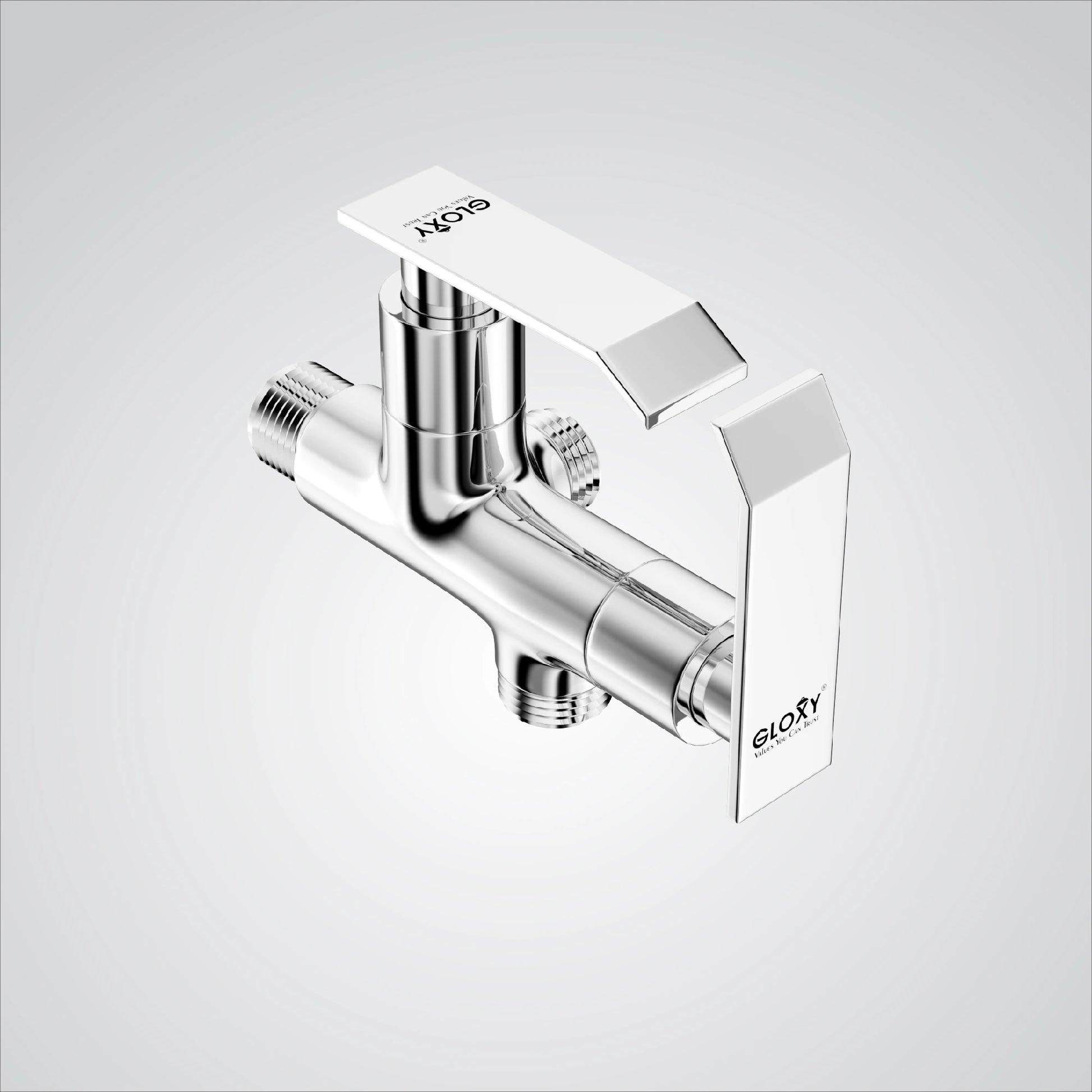 A chrome finish brass angle valve with two handles, branded by GLOXY, designed for connecting washing machines, hand showers, toilet, and health faucets.