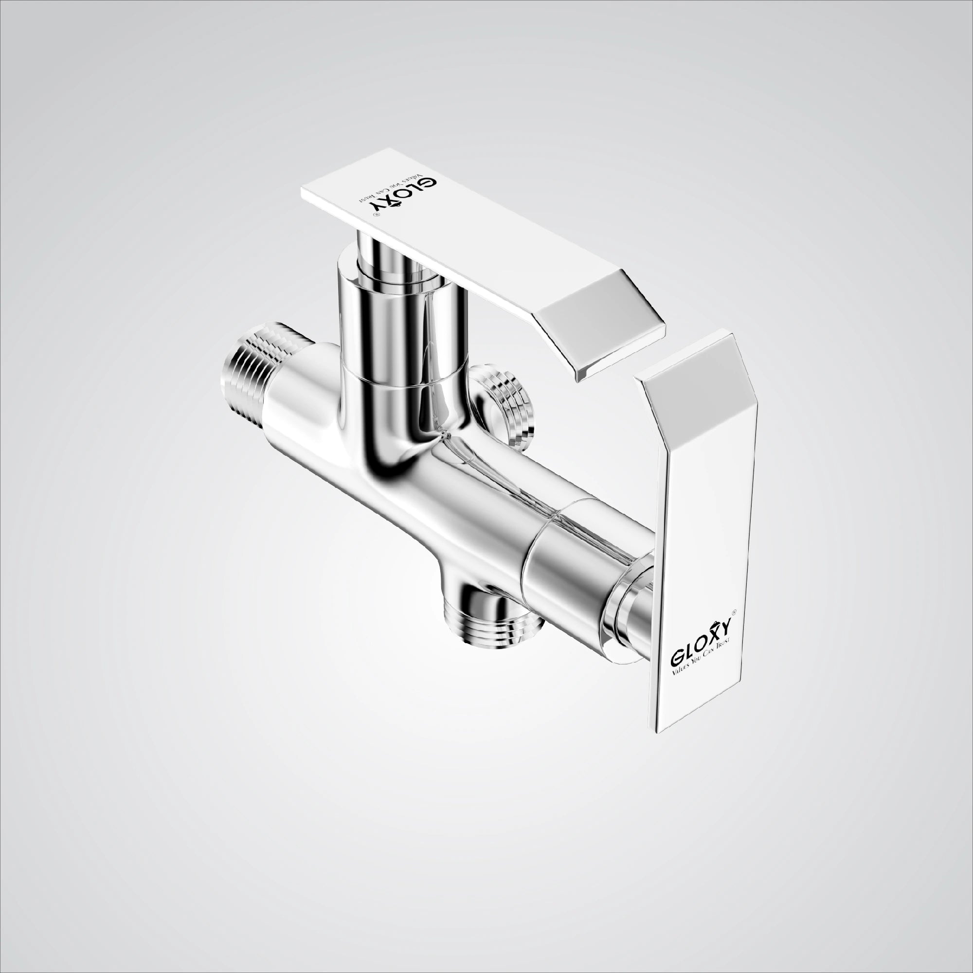 A chrome finish brass angle valve with two handles, branded by GLOXY, designed for connecting washing machines, hand showers, toilet, and health faucets.
