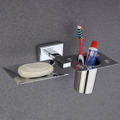 Rectangular Shape Stainless Steel SS304 Soap Holder with Glass (Silver)-by GLOXY®