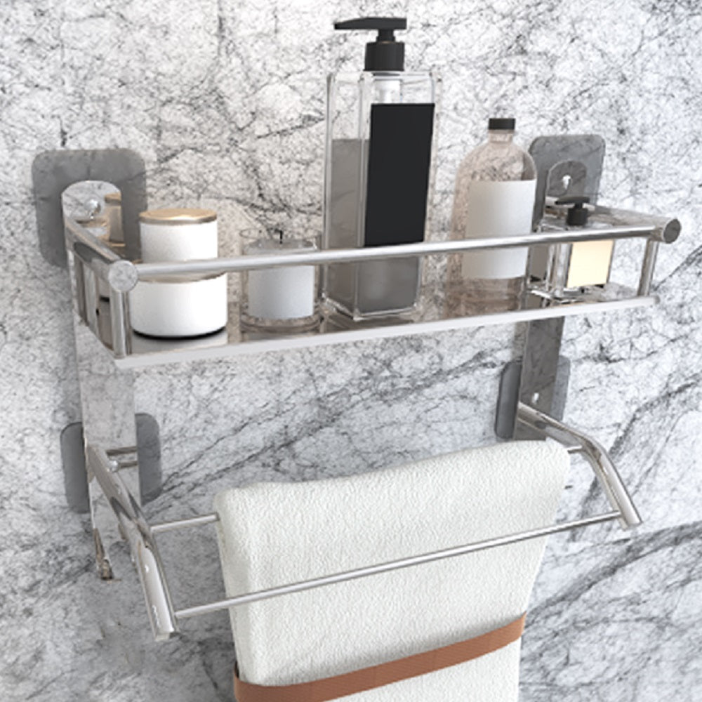 Silver Rectangular Shape Stainless Steel Multipurpose 2 Layer Shelf Adhesive Bathroom Shelf