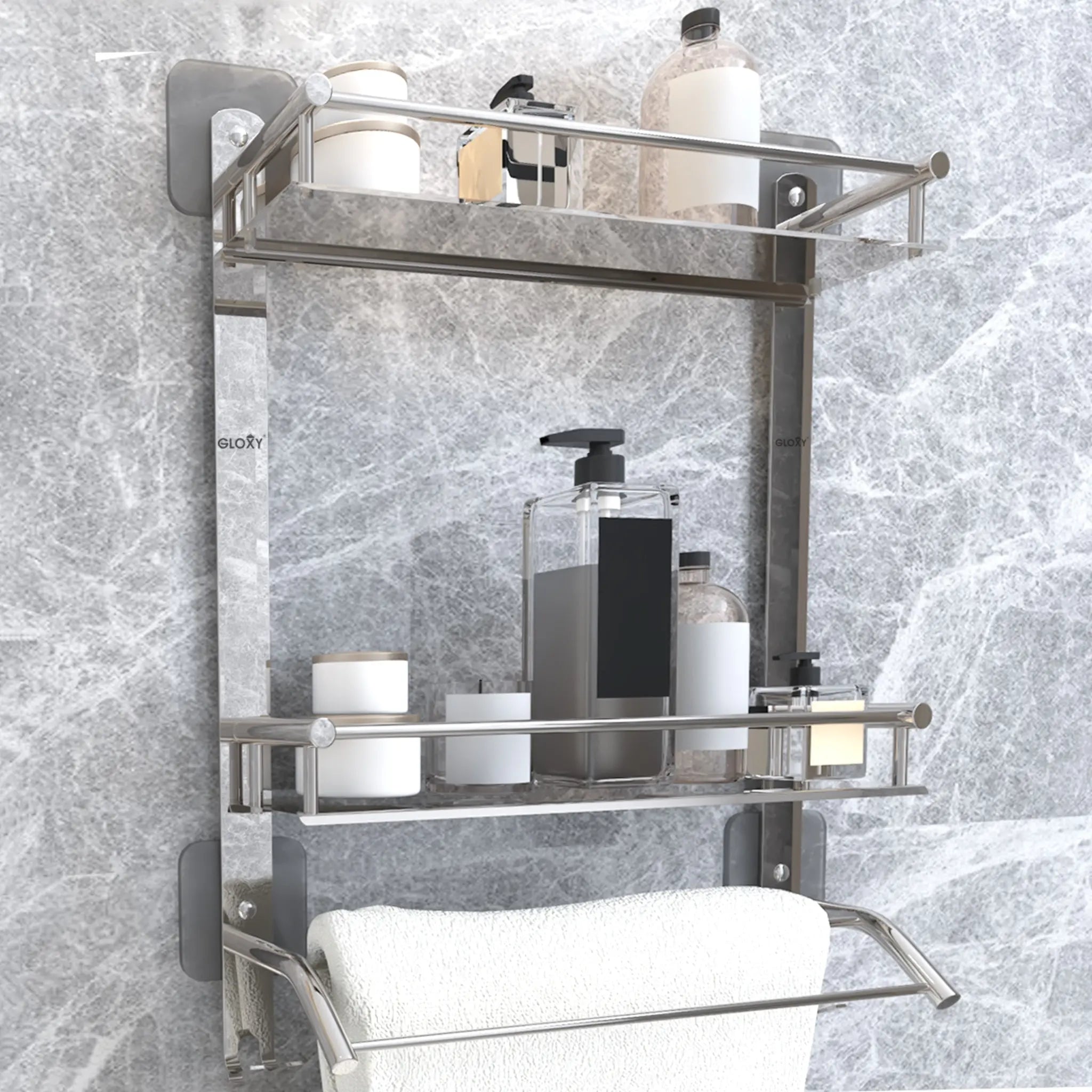 Rectangular Shape Stainless Steel Multipurpose 3 Layer Shelf Adhesive Bathroom Shelf (Silver)-by GLOXY®