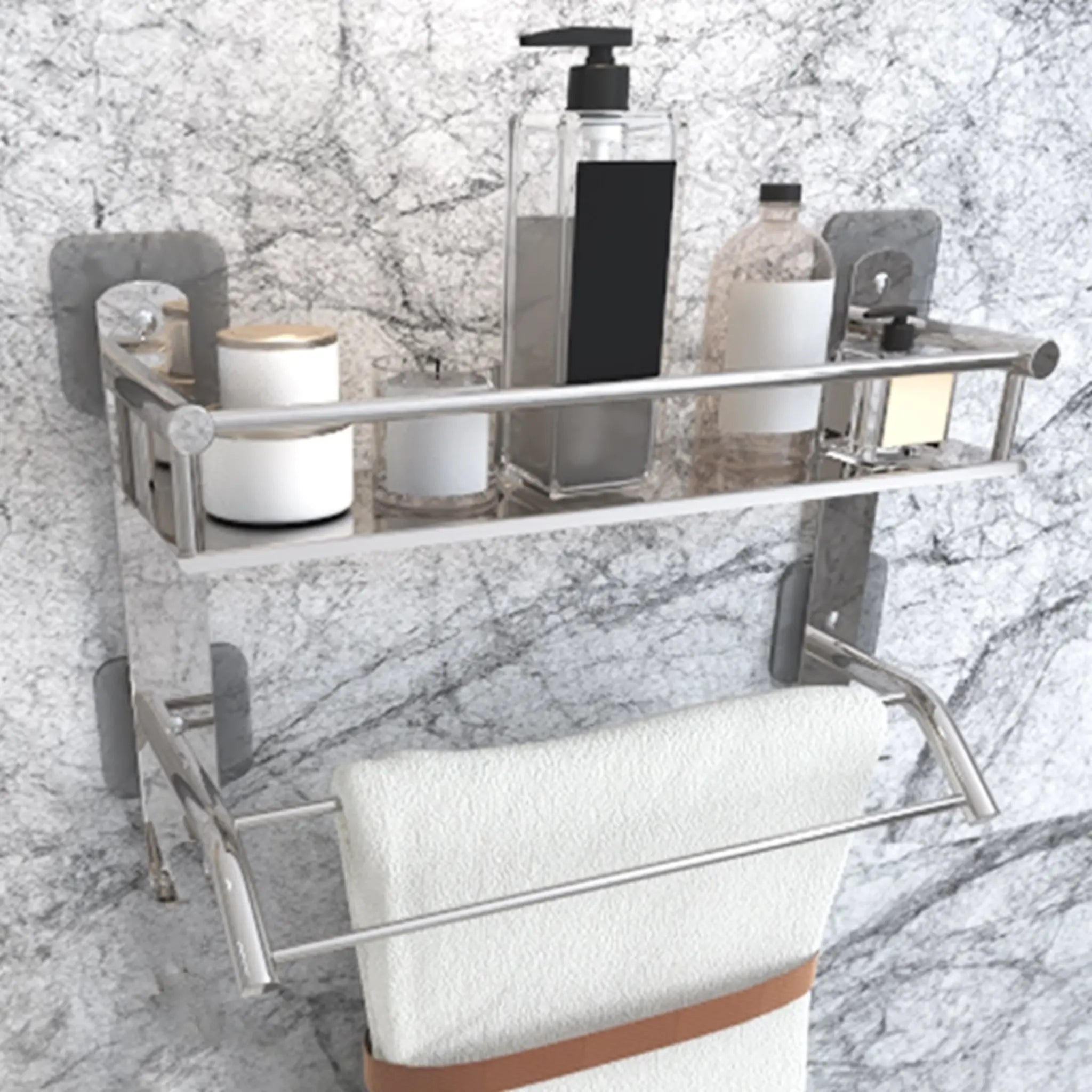 Rectangular Shape Stainless Steel  Multipurpose 2 Layer Shelf Adhesive Bathroom Shelf (Silver)-by GLOXY®
