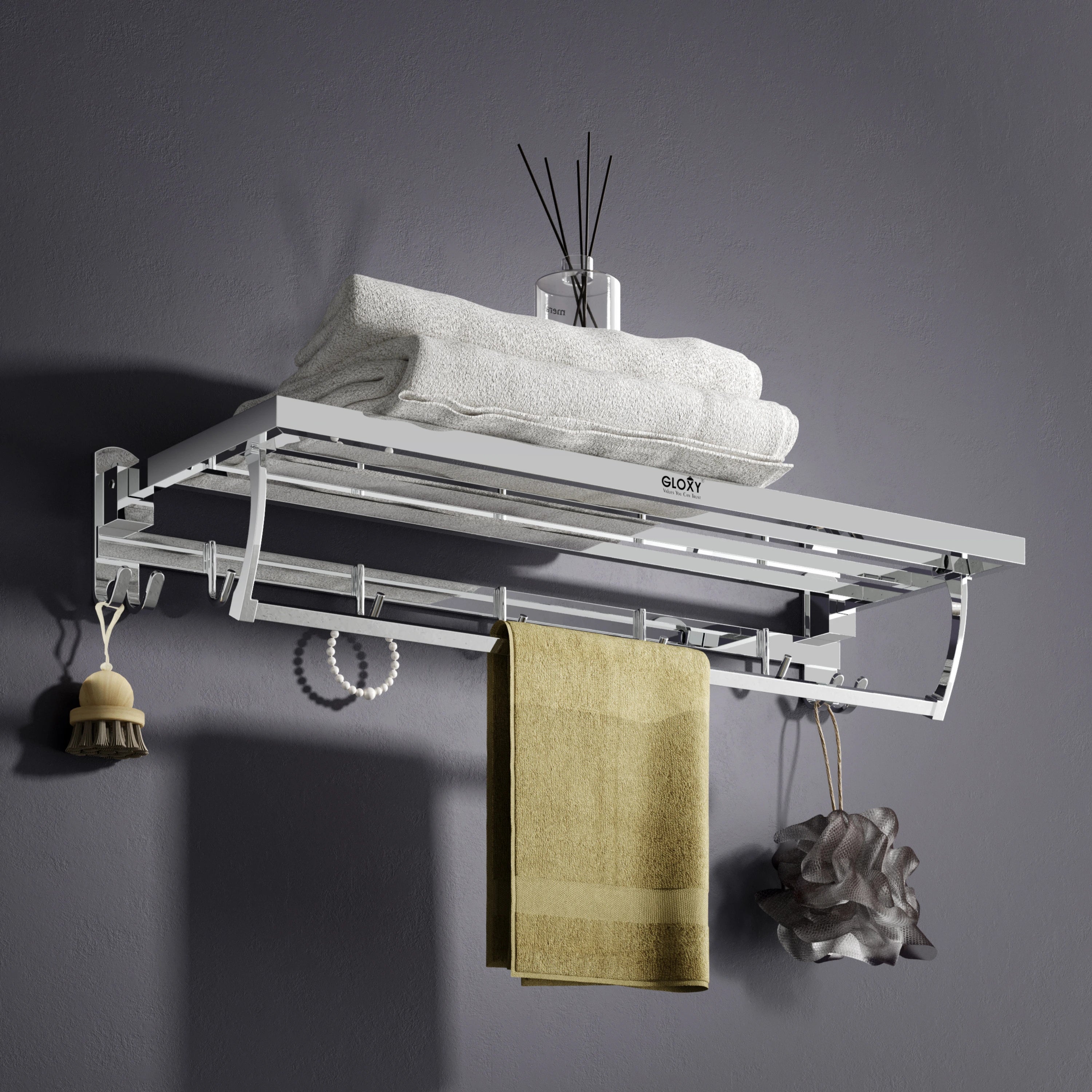 Gloxy Stainless Steel Chrome Finsih Folding Bar Towel Rack with Hook-24 Inch
