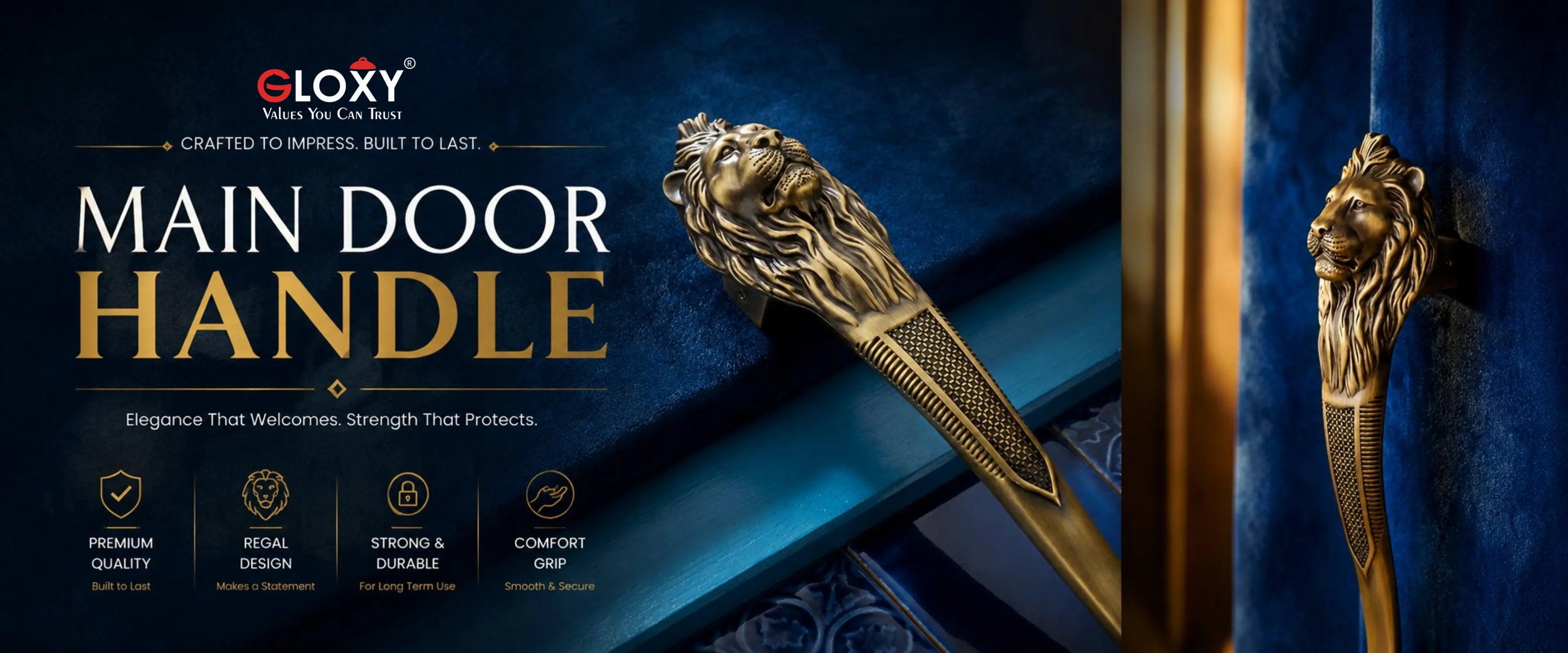 Promotional graphic for a GLoxy main door handle, showing a close-up of an ornate lion-head handle in polished gold-toned metal against a dark blue velvet door panel, with text highlighting features and benefits.