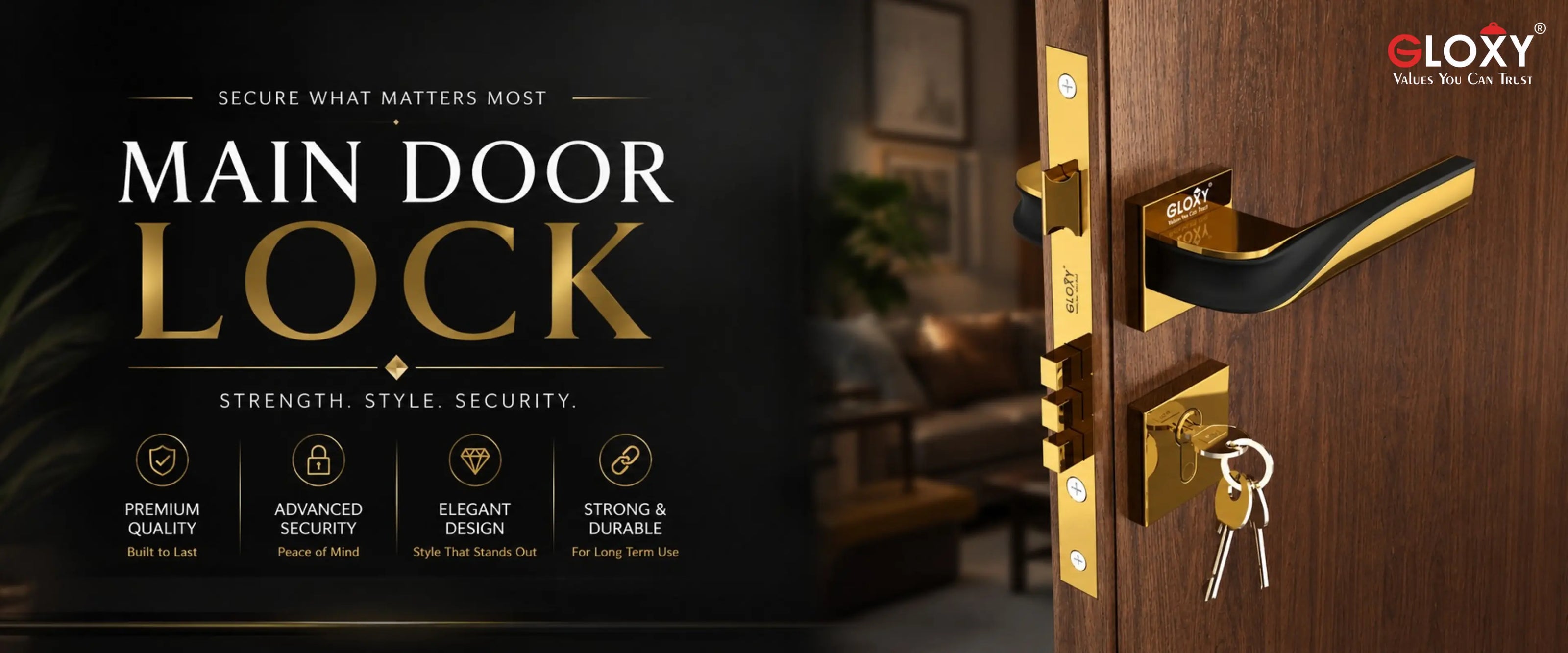 Gold and black GLoxy main door lock hardware shown installed on a wooden door, with keys hanging from the lock and a dark promotional background featuring the text 'MAIN DOOR LOCK' and feature icons.
