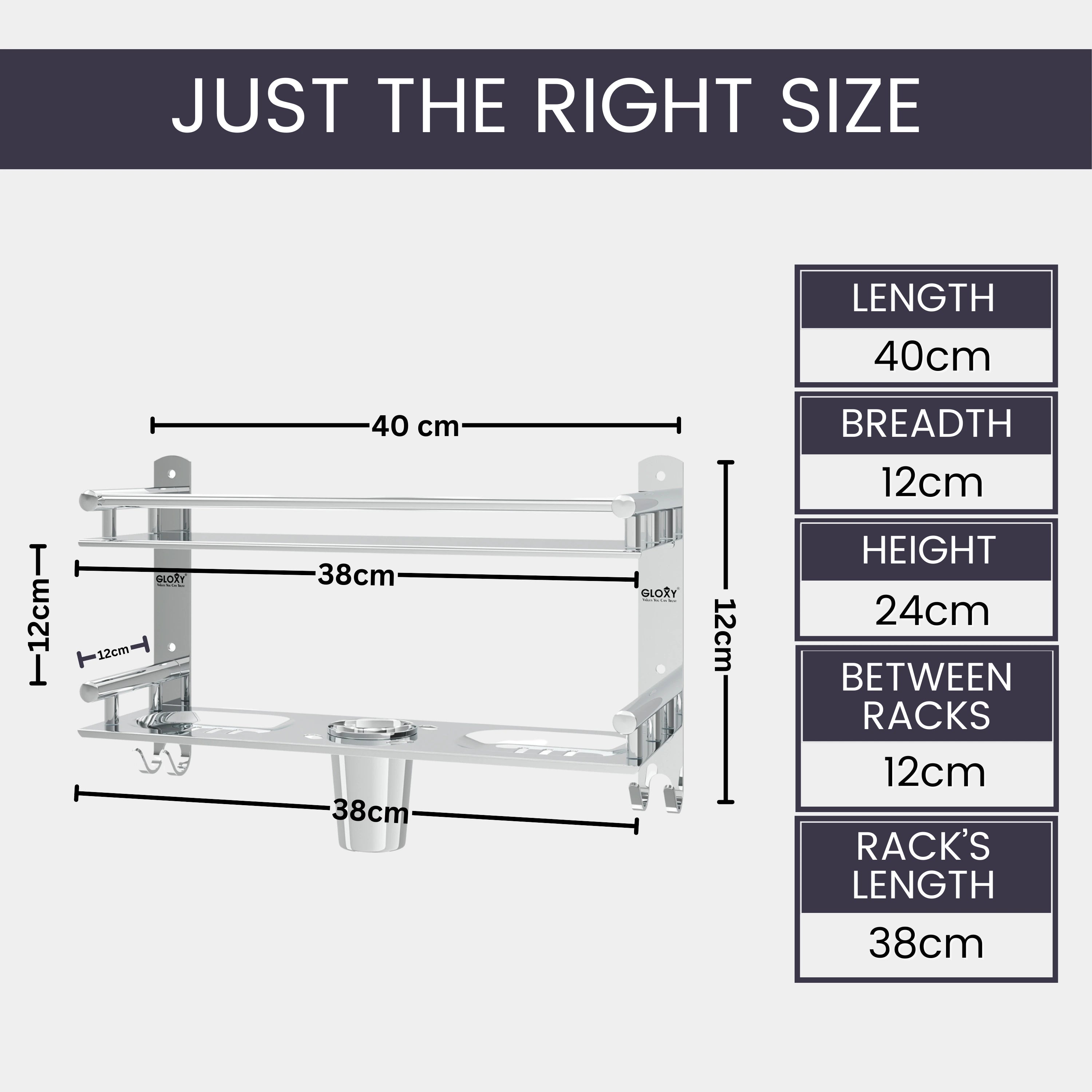 Gloxy Stainless Steel 2-Layer Chrome Finish Bathroom Shelf with Soap Dish,Tumbler Holder,Hooks
