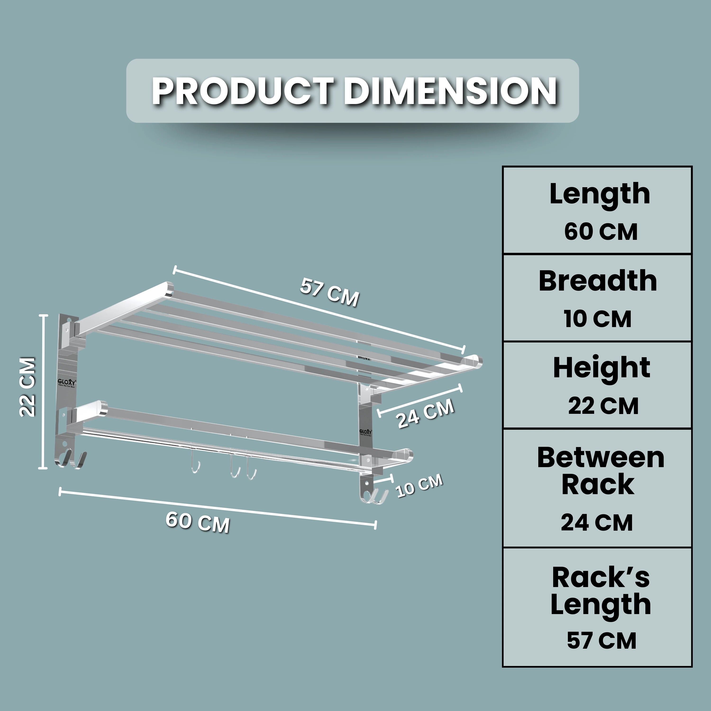 Gloxy Rectangular Shape Stainless Steel Chrome Finsih Foldable Towel Rack-24 Inch