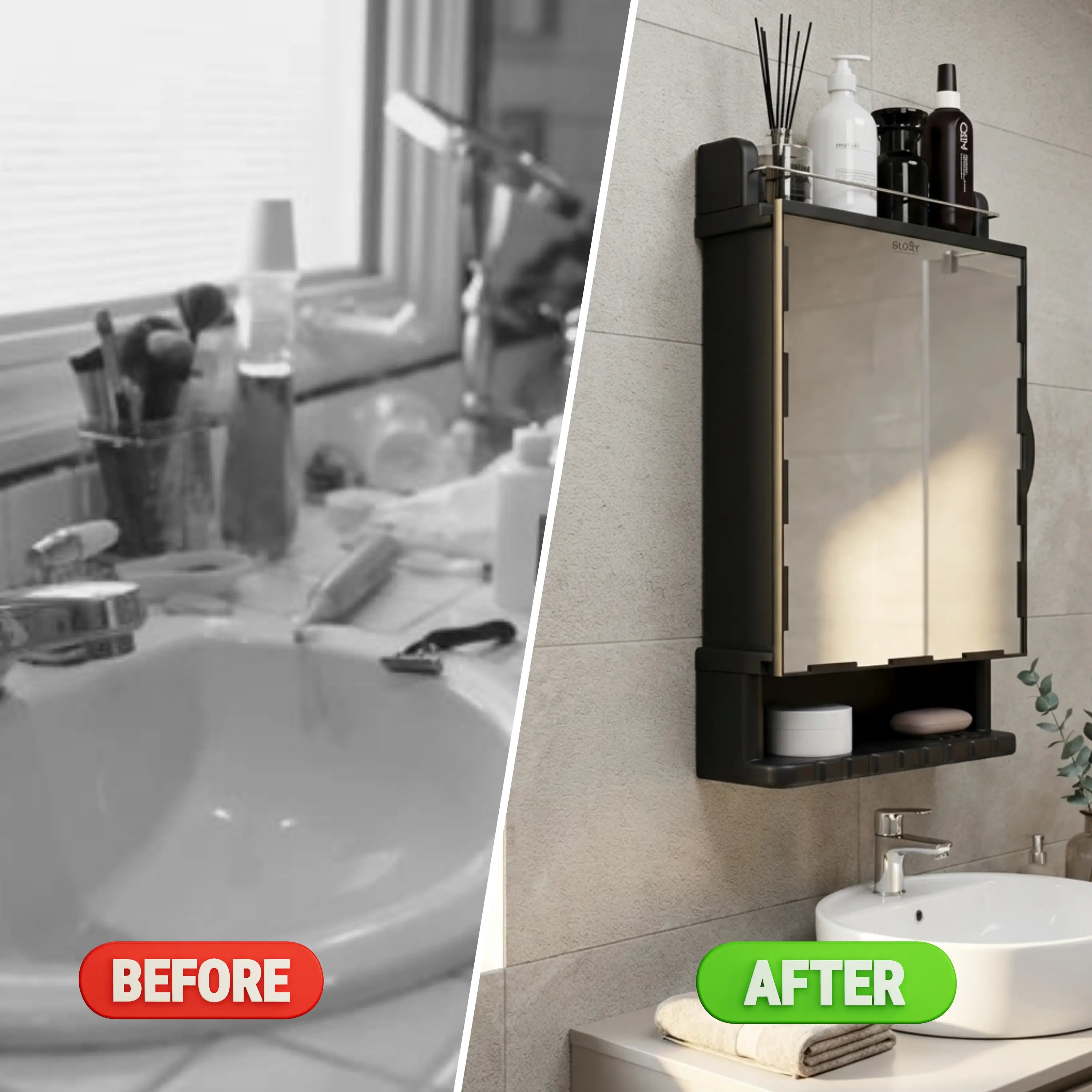 Gloxy Unbreakable Wall-Mounted Plastic Bathroom Cabinet with Mirror– Black