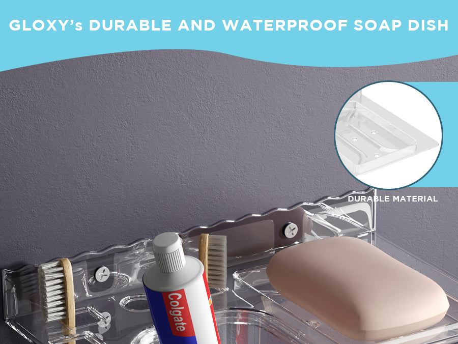 GLOXY® Unbreakable transparent Soap Dish with Toothbrush & Tumbler Holder Shelf - Stylish Bathroom Accessories.