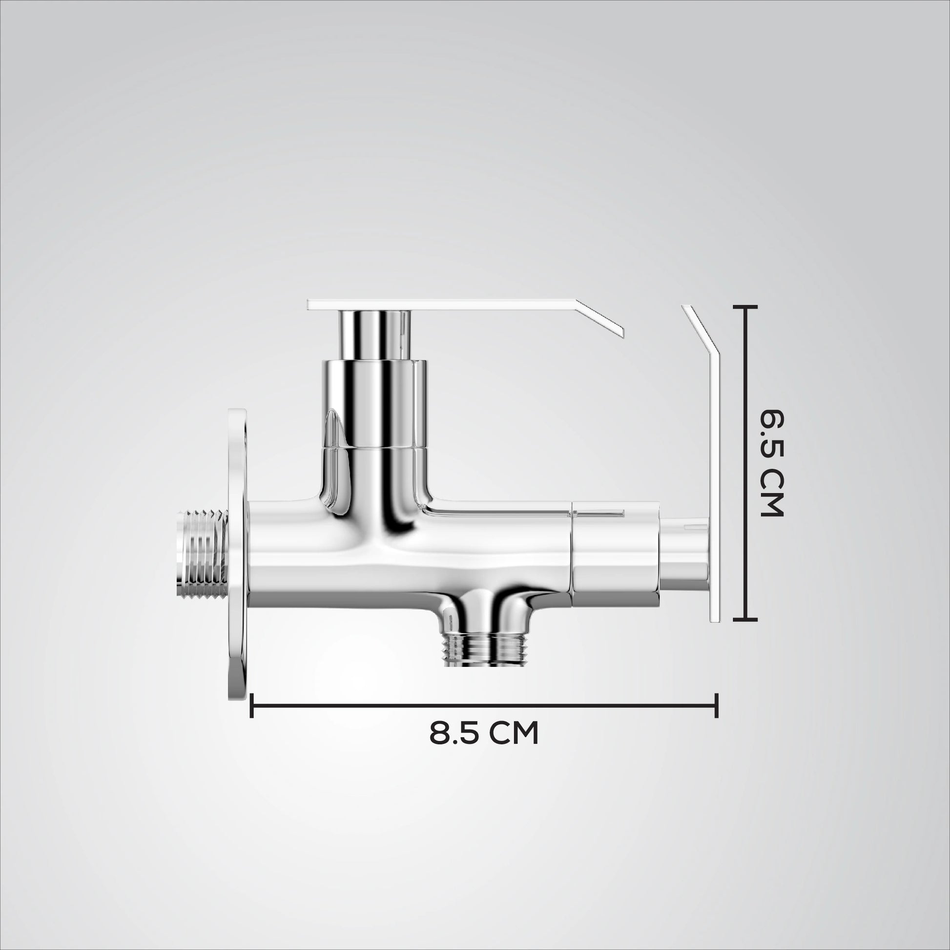 Chrome angle faucet component with measurements on a gray background