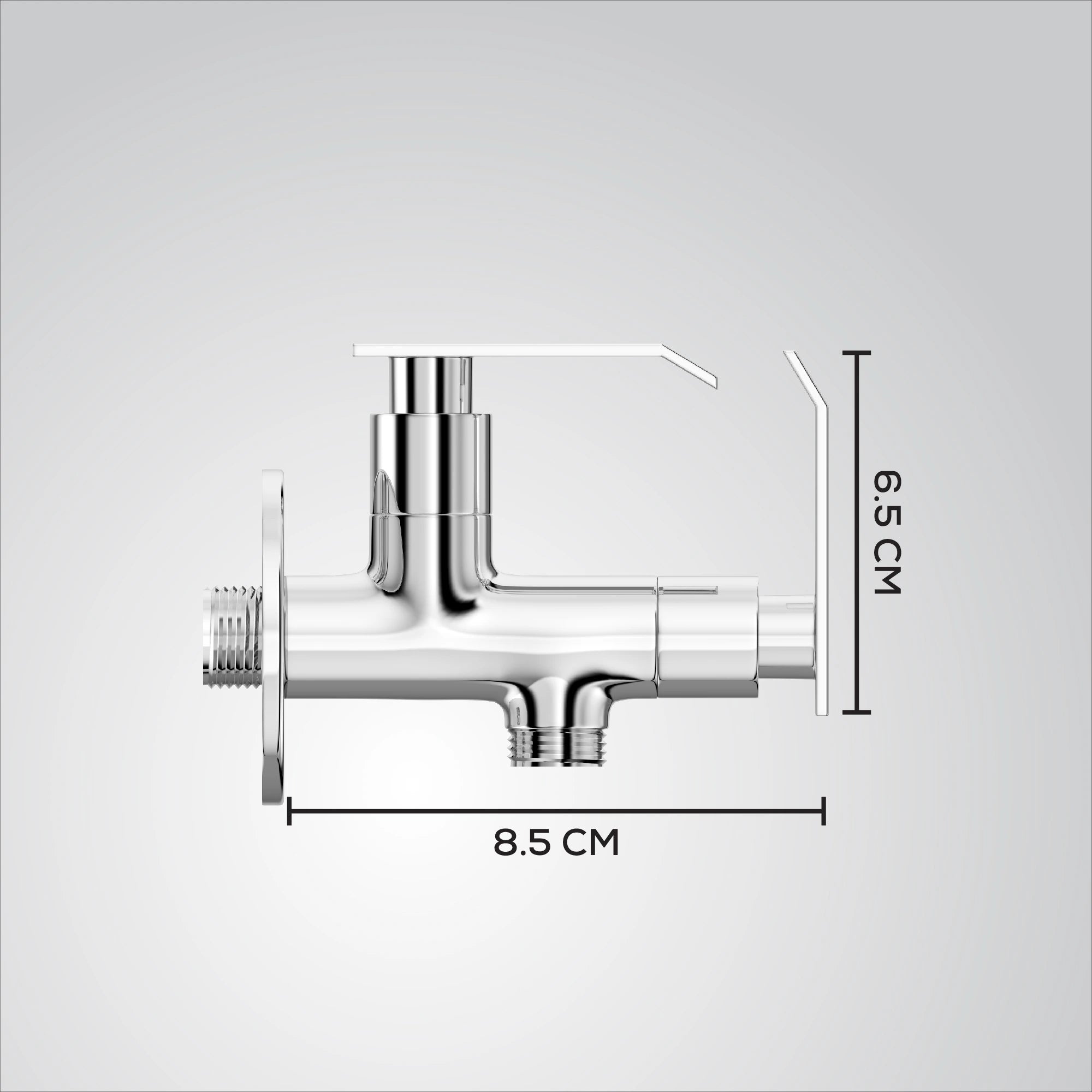Chrome angle faucet component with measurements on a gray background