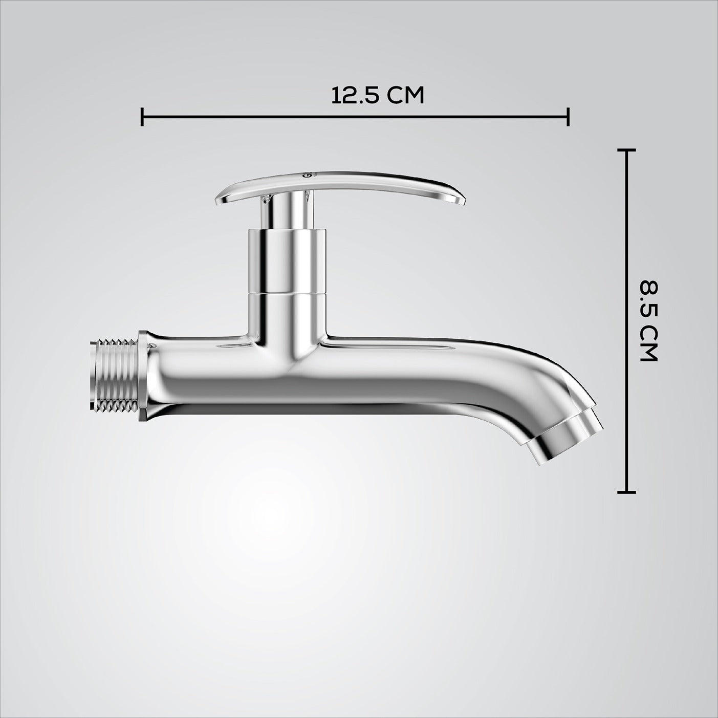Chrome faucet with dimensions labeled on a gray background