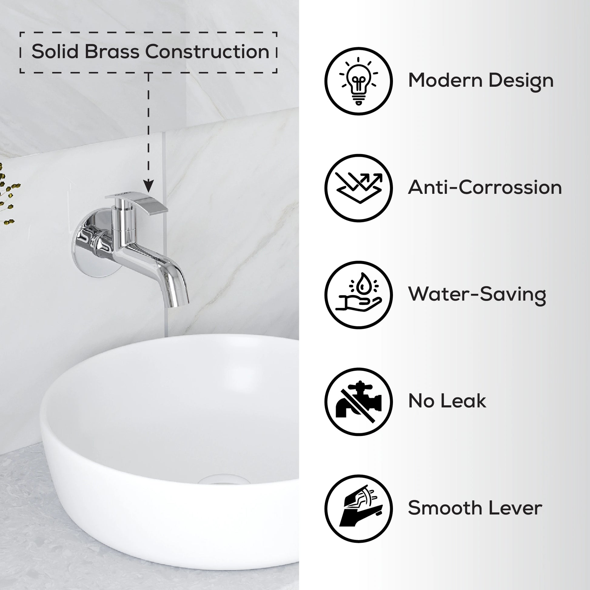 Bathroom faucet with sink and feature icons on a white background