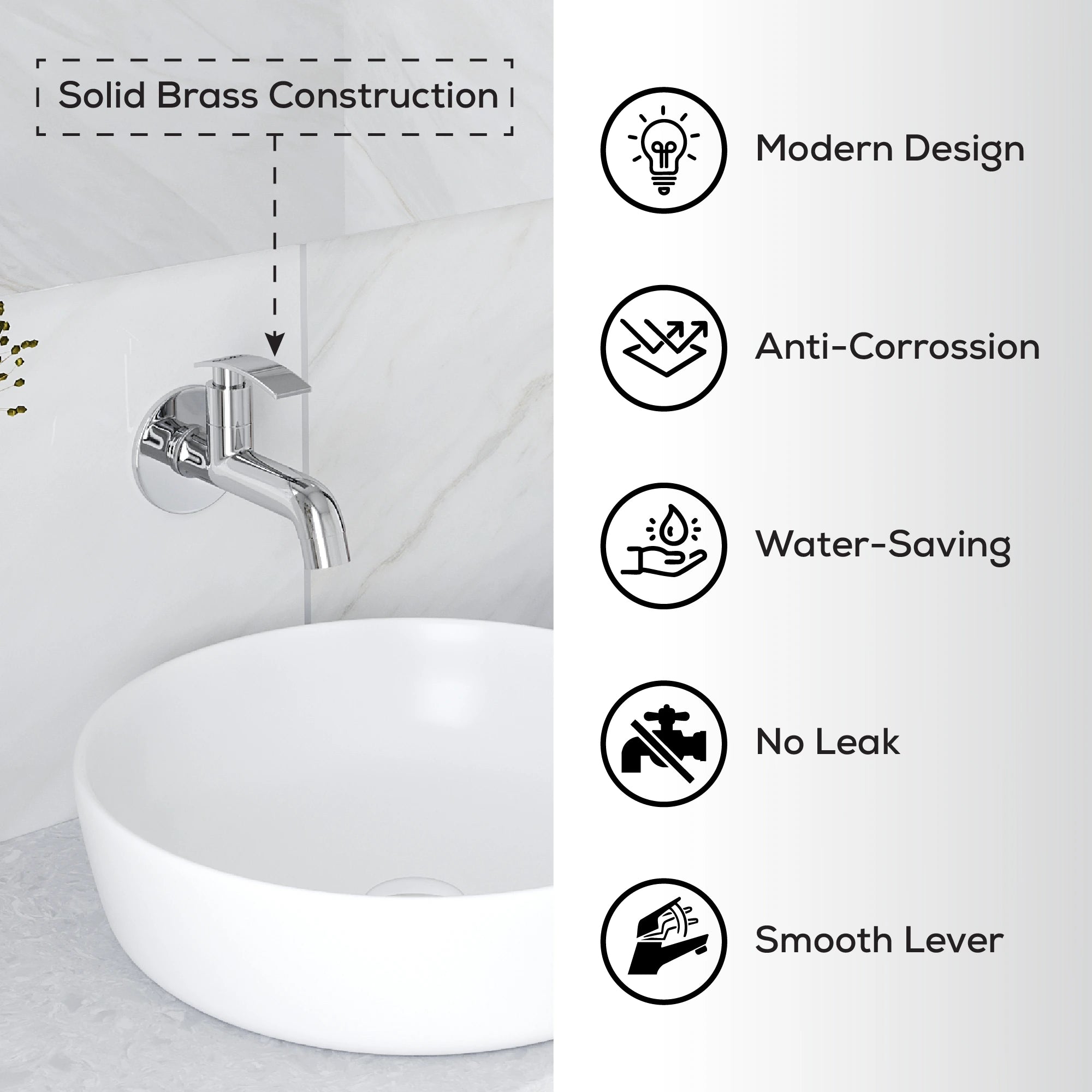 Bathroom faucet with sink and feature icons on a white background