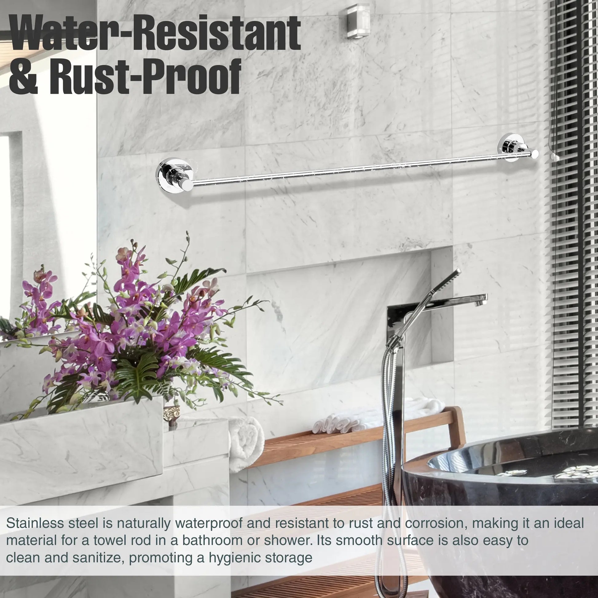 Stainless steel towel rack in a bathroom setting with text highlighting water-resistance and rust-proof properties.