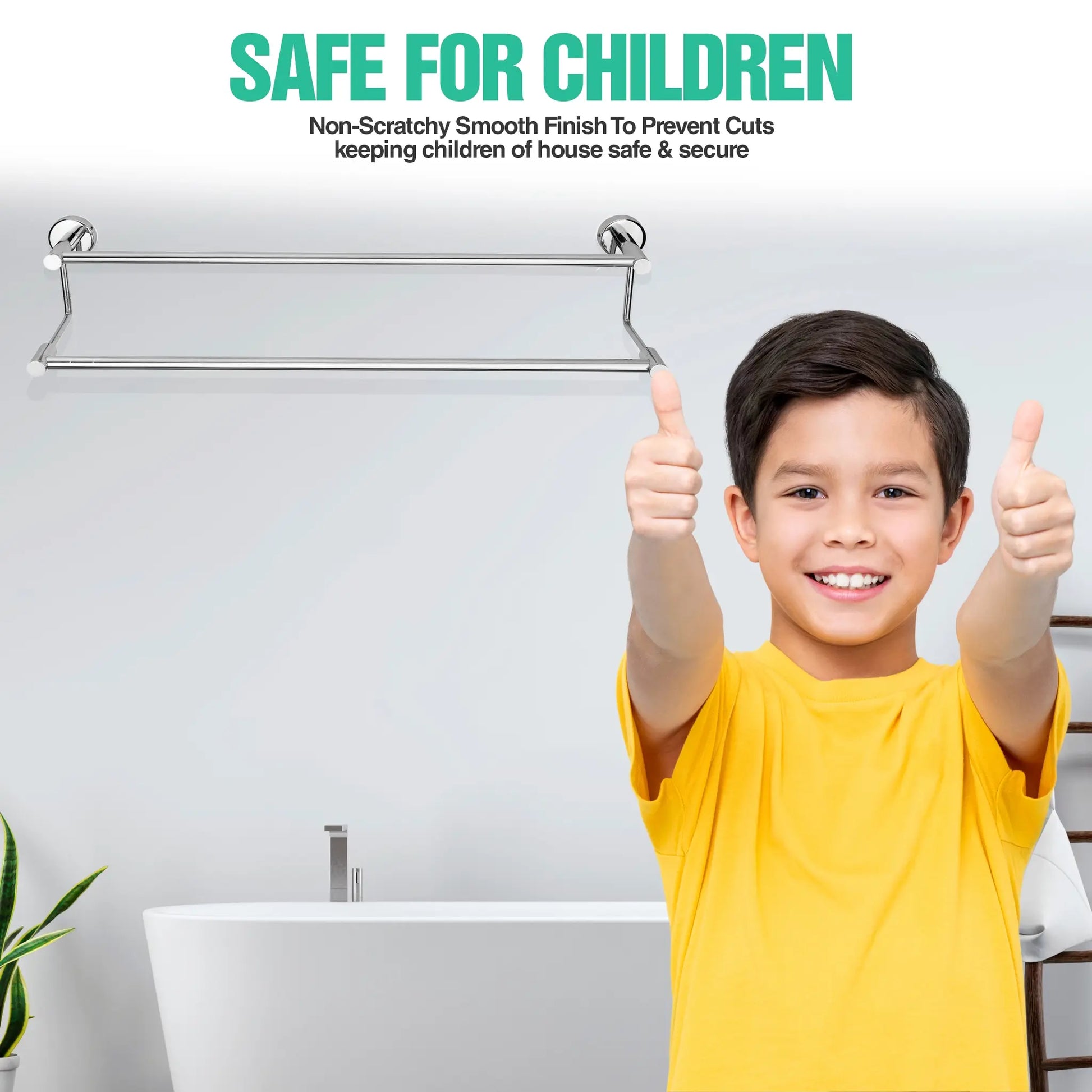 a towel rack above a sink with a Child giving thumbs up in a basin with yellow shirt .