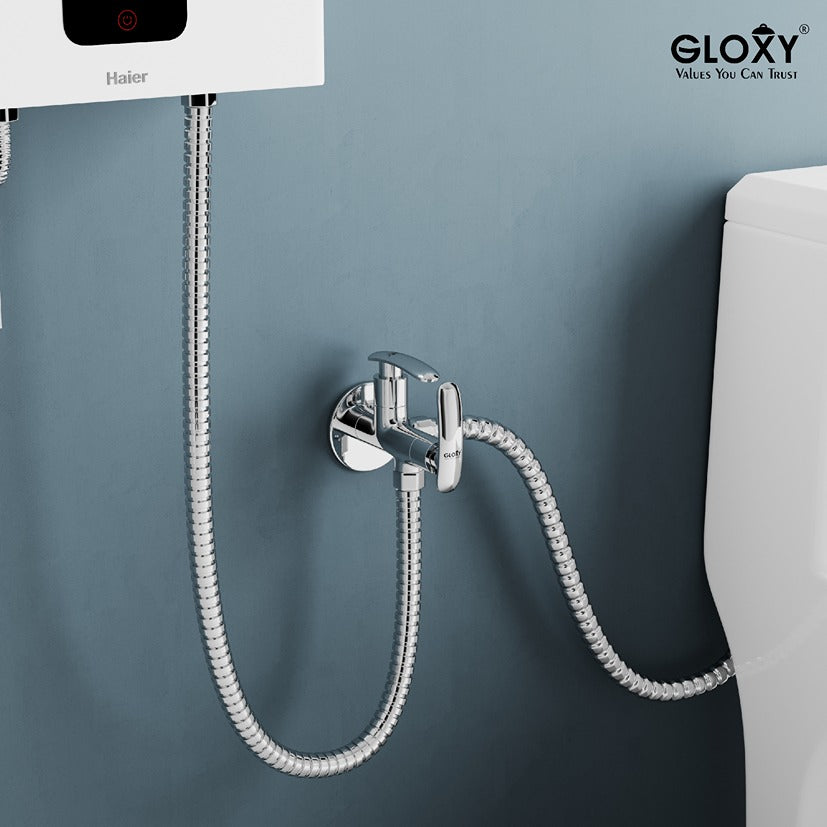 Handheld shower head with hose attached to a wall-mounted water heater on a blue background, featuring Gloxy branding.