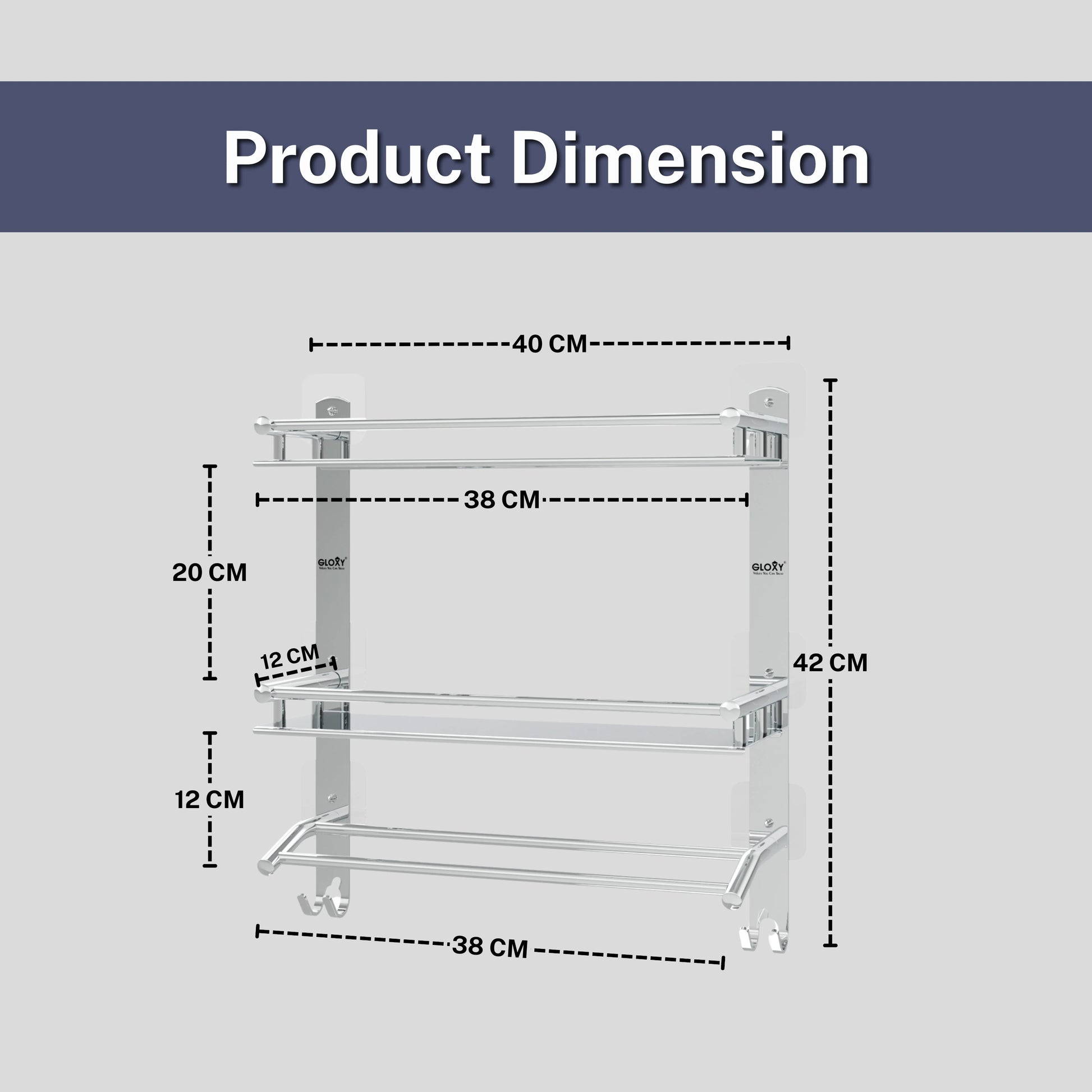 Gloxy Stainless Steel 3-Layer Chrome Finish Bathroom Shelf with Towel Holder-Adhesive Sticker Installation