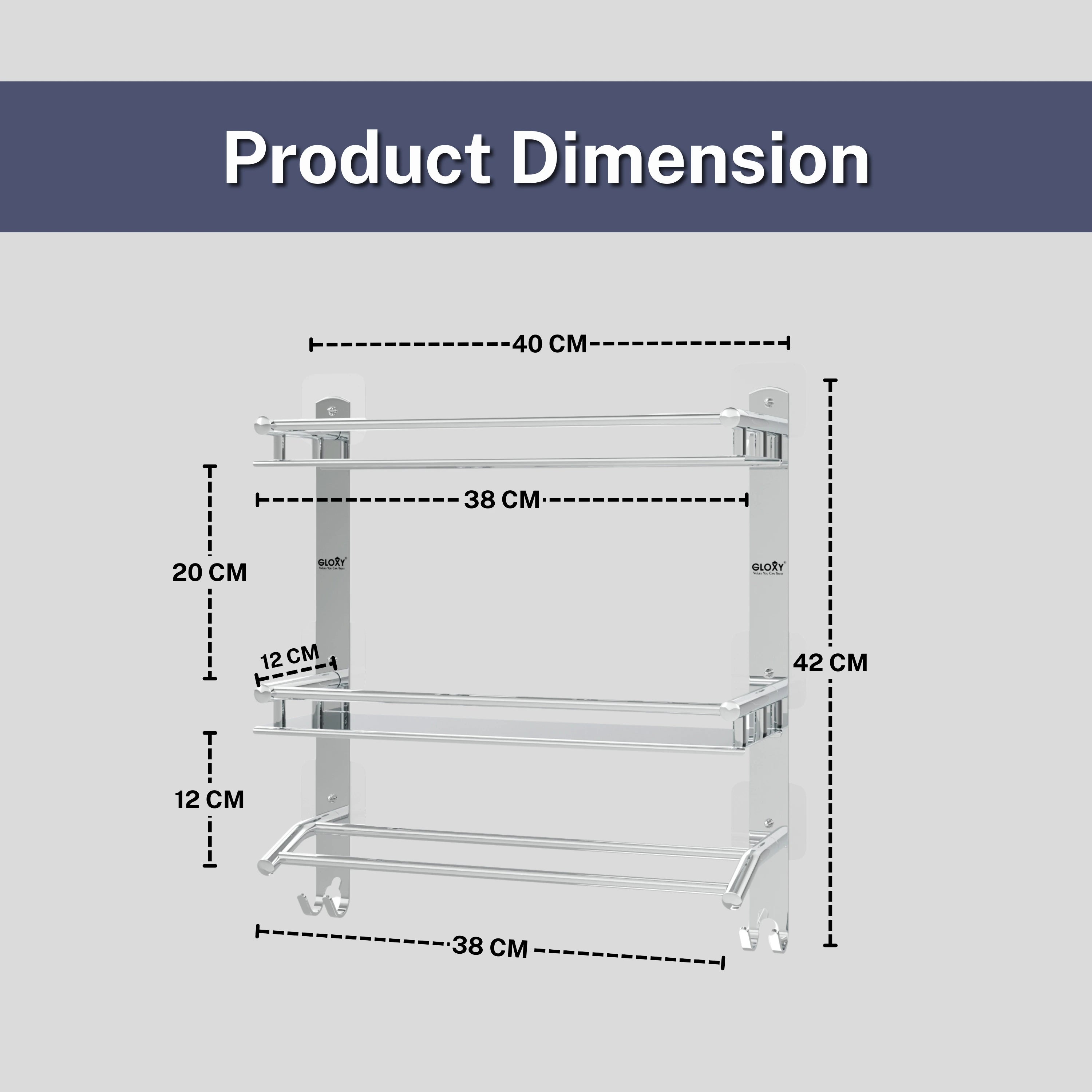 Gloxy Stainless Steel 3-Layer Chrome Finish Bathroom Shelf with Towel Holder-Adhesive Sticker Installation