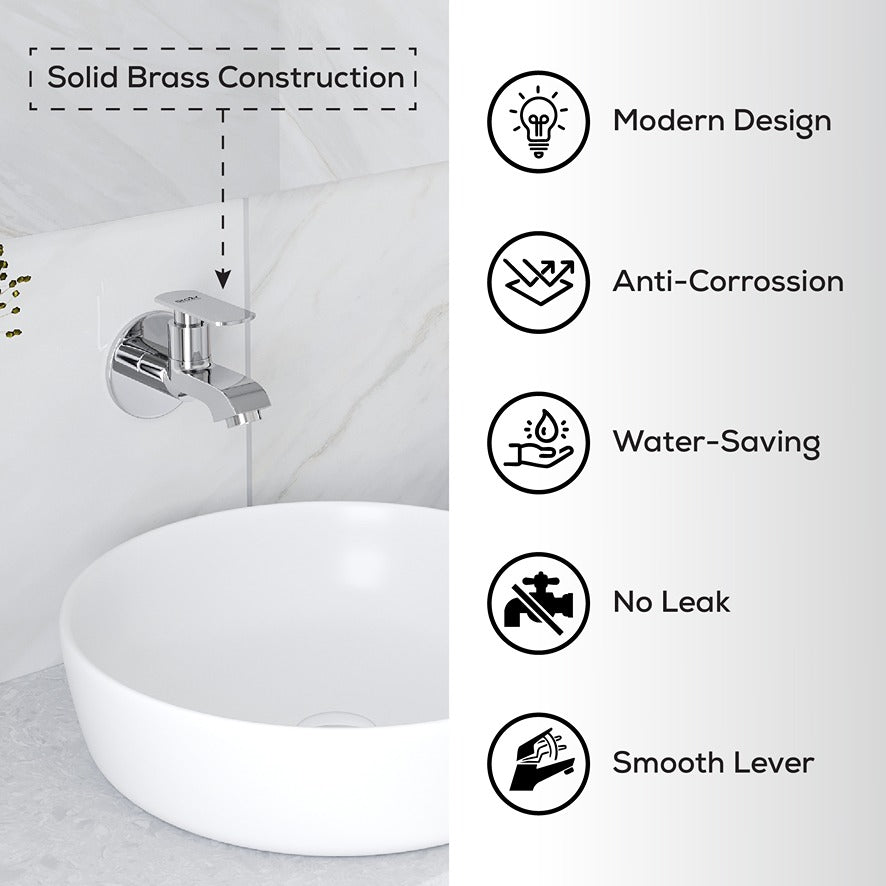 Bathroom faucet with features listed on a white background