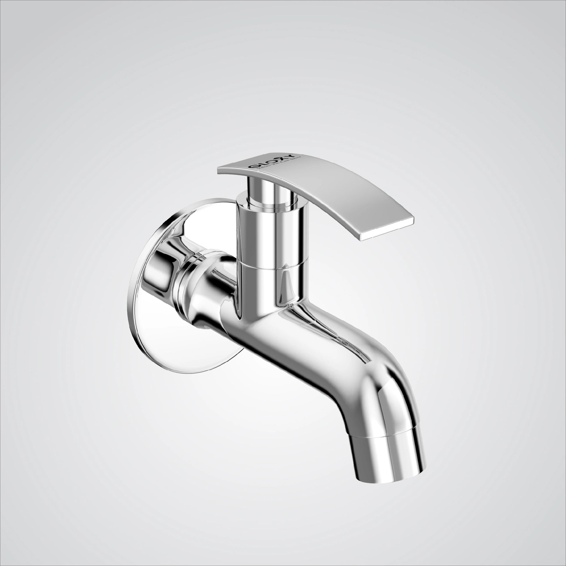 A chrome finish wall mount brass short body faucet tap valve, designed for use in bathrooms, kitchens, or for wash basins.