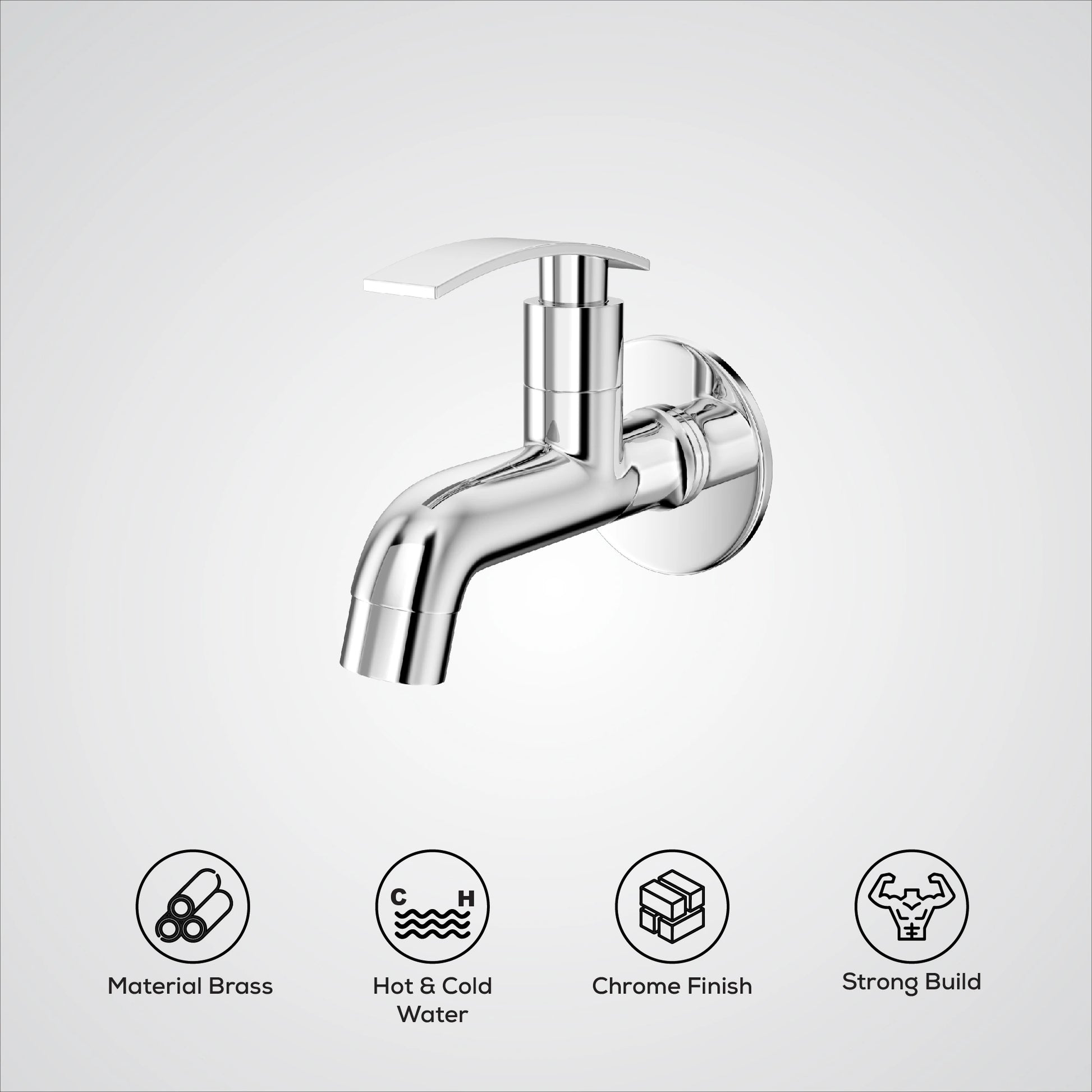Chrome faucet on a white background with feature icons.