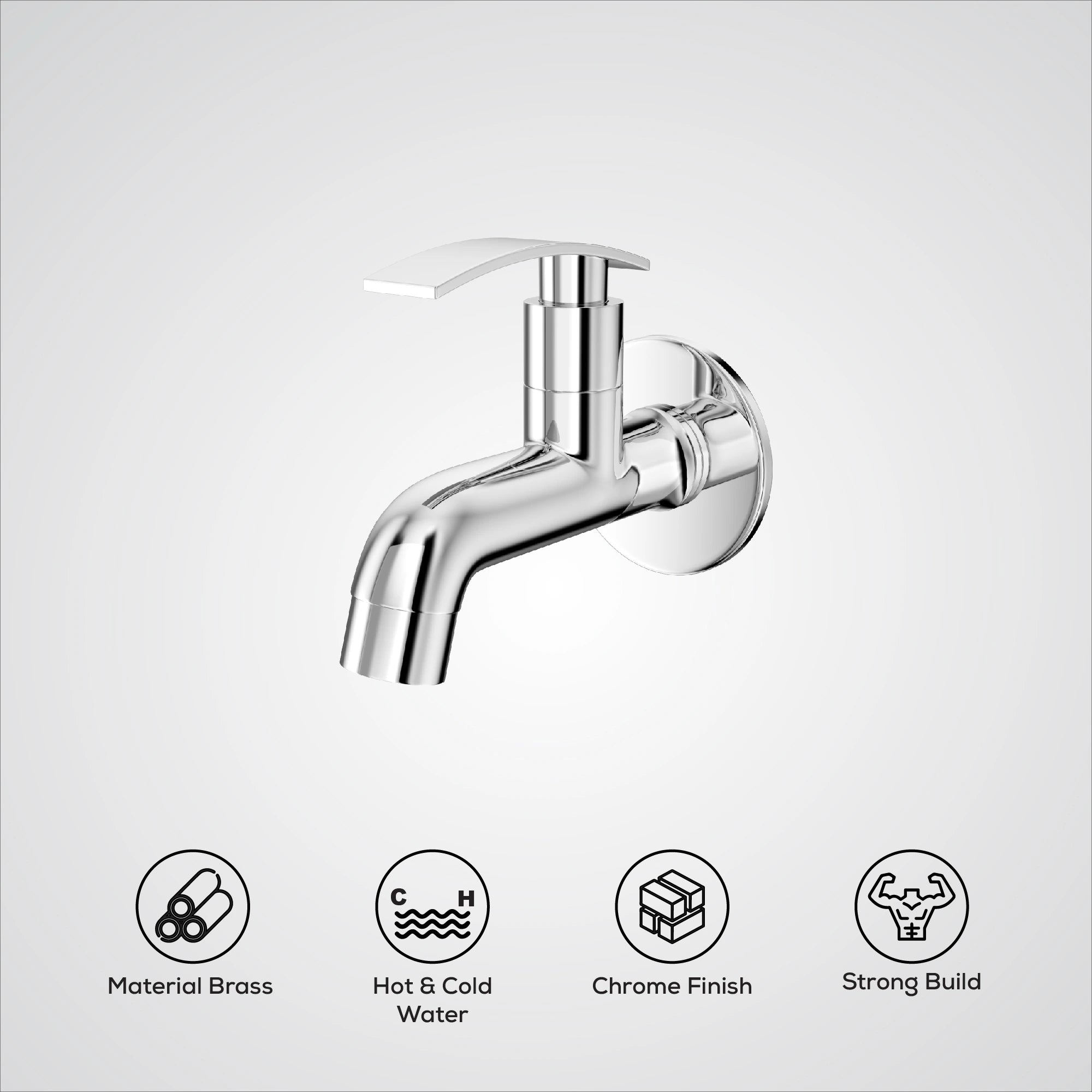 Chrome faucet on a white background with feature icons.
