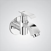 Chrome finish wall mounted brass bib faucet tap with a short body, designed for use in kitchens, bathrooms, and gardens.