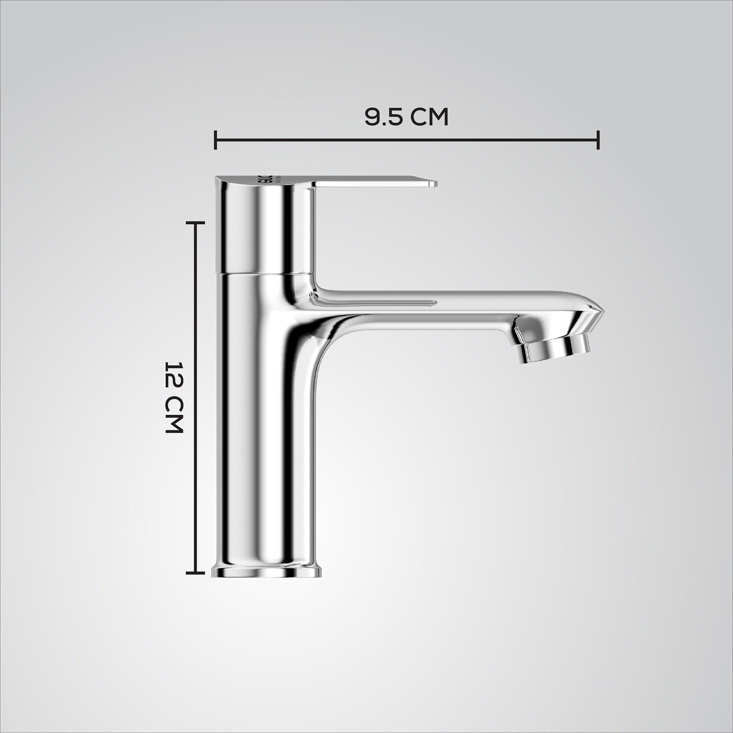 Chrome faucet with dimensions indicated on a white background