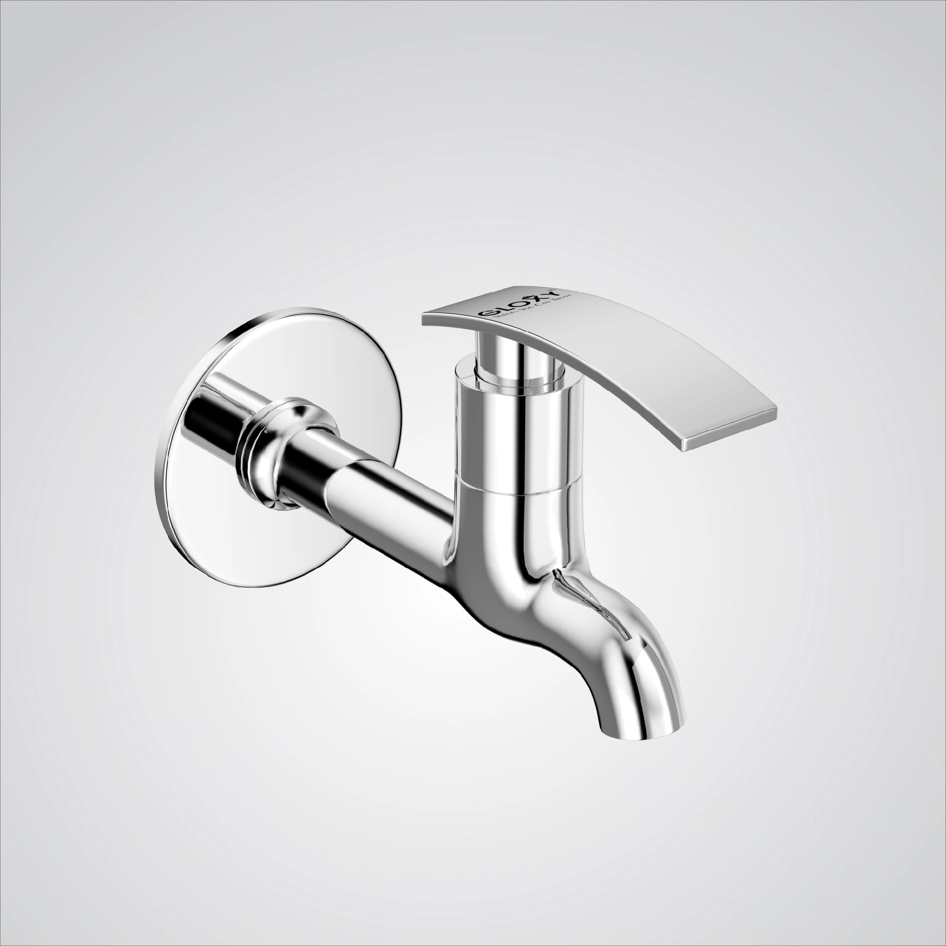 Chrome finish brass wall mount short nose faucet, also known as a bib tap cock, for use in bathrooms, washing areas, gardens, and kitchen sinks.