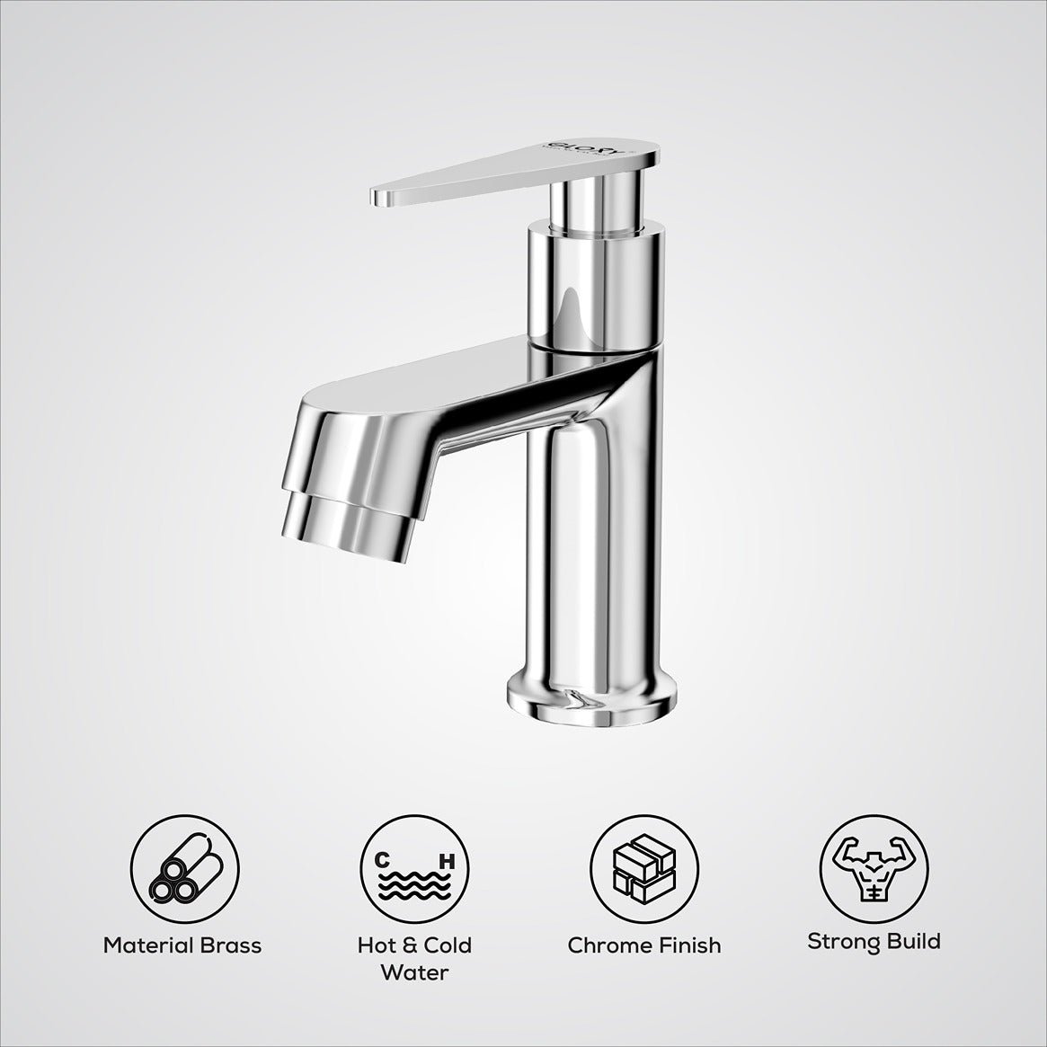 Chrome faucet on a white background with icons and text describing features.