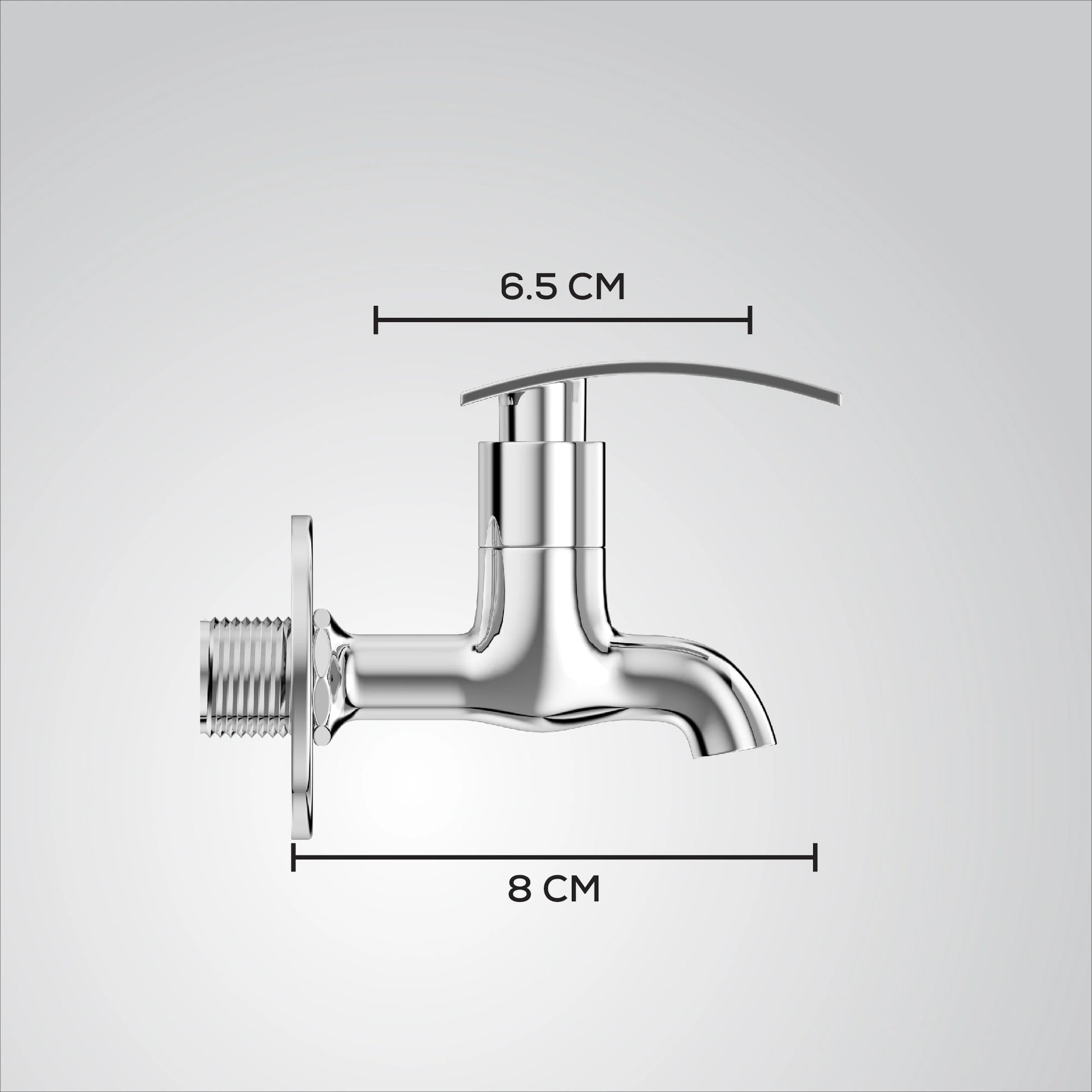Silver faucet with measurements on a white background
