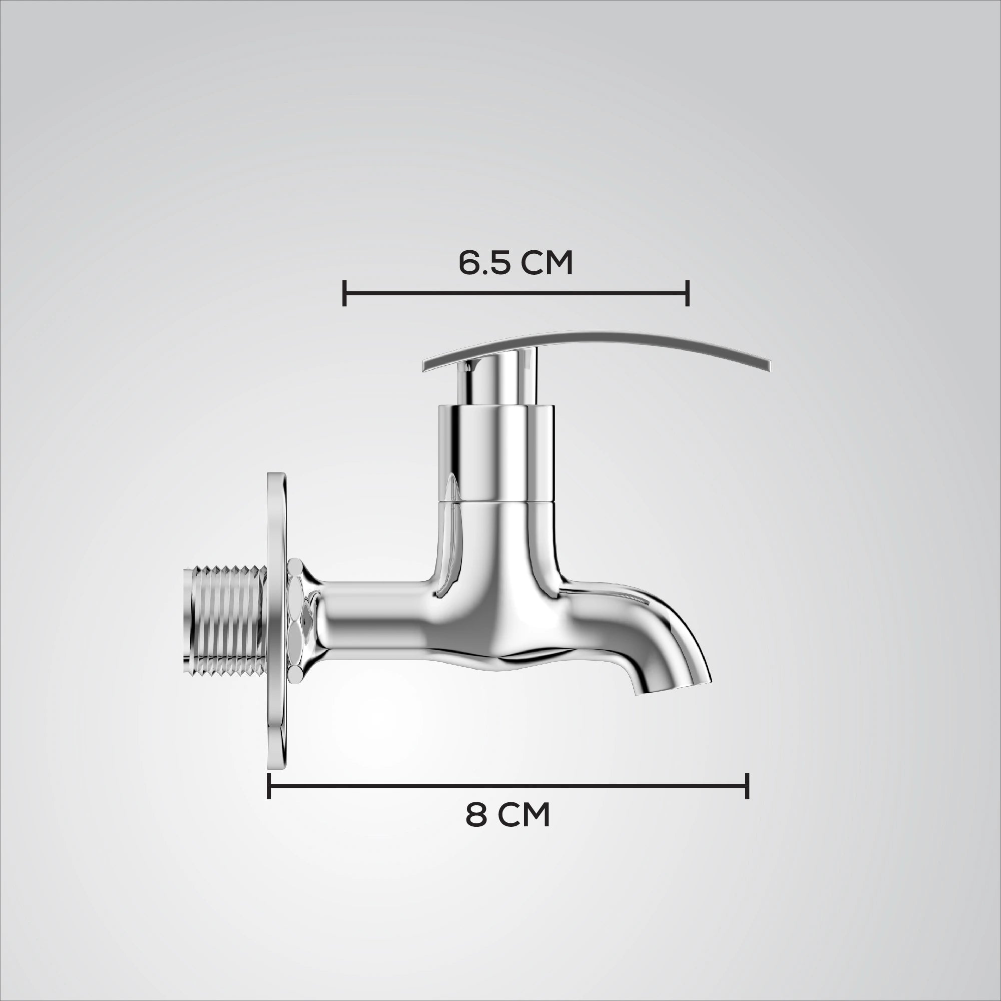 Silver faucet with measurements on a white background