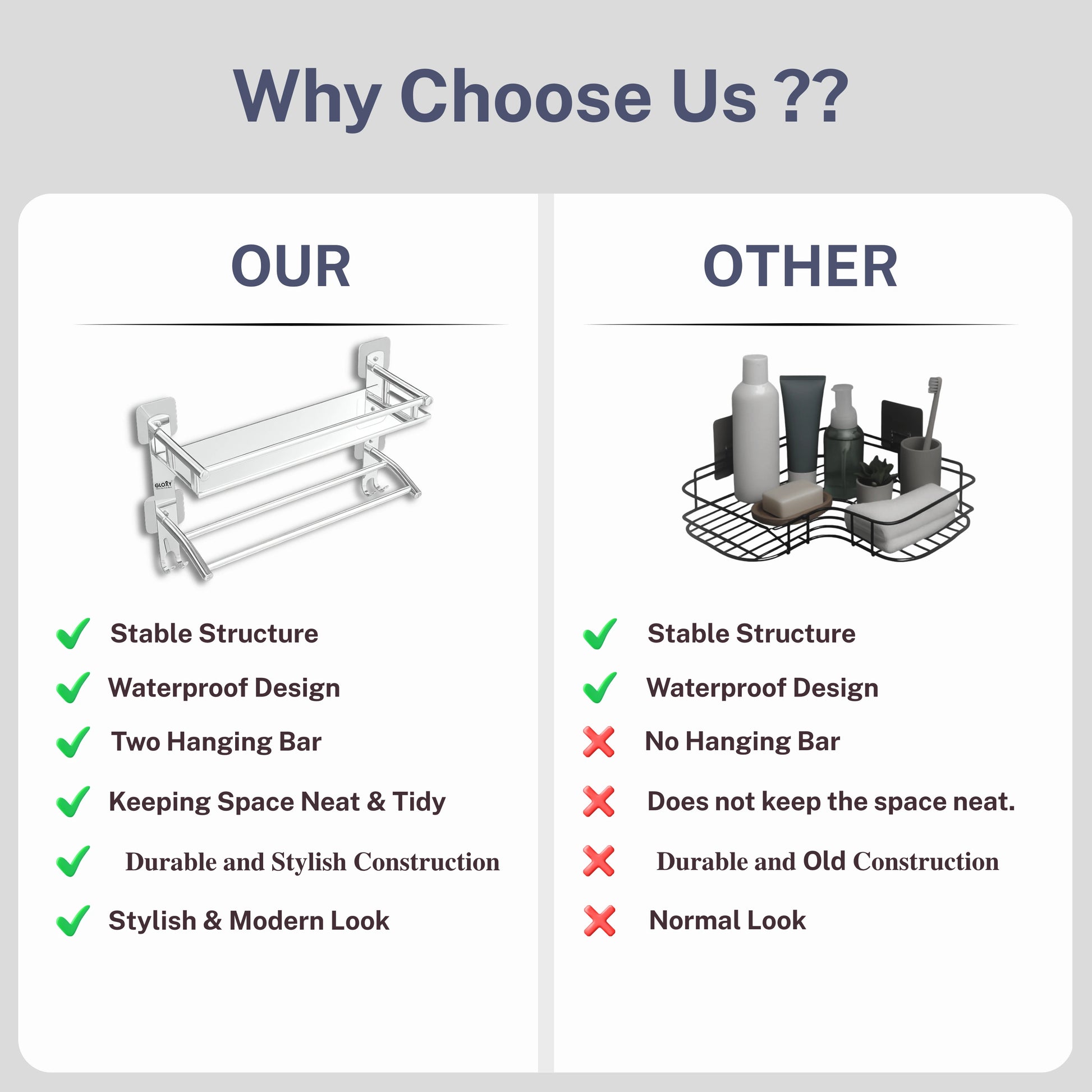 Gloxy Stainless Steel 2-Layer Chrome Finish Bathroom Shelf with Towel Rod & Hooks-Adhesive Sticker Installation