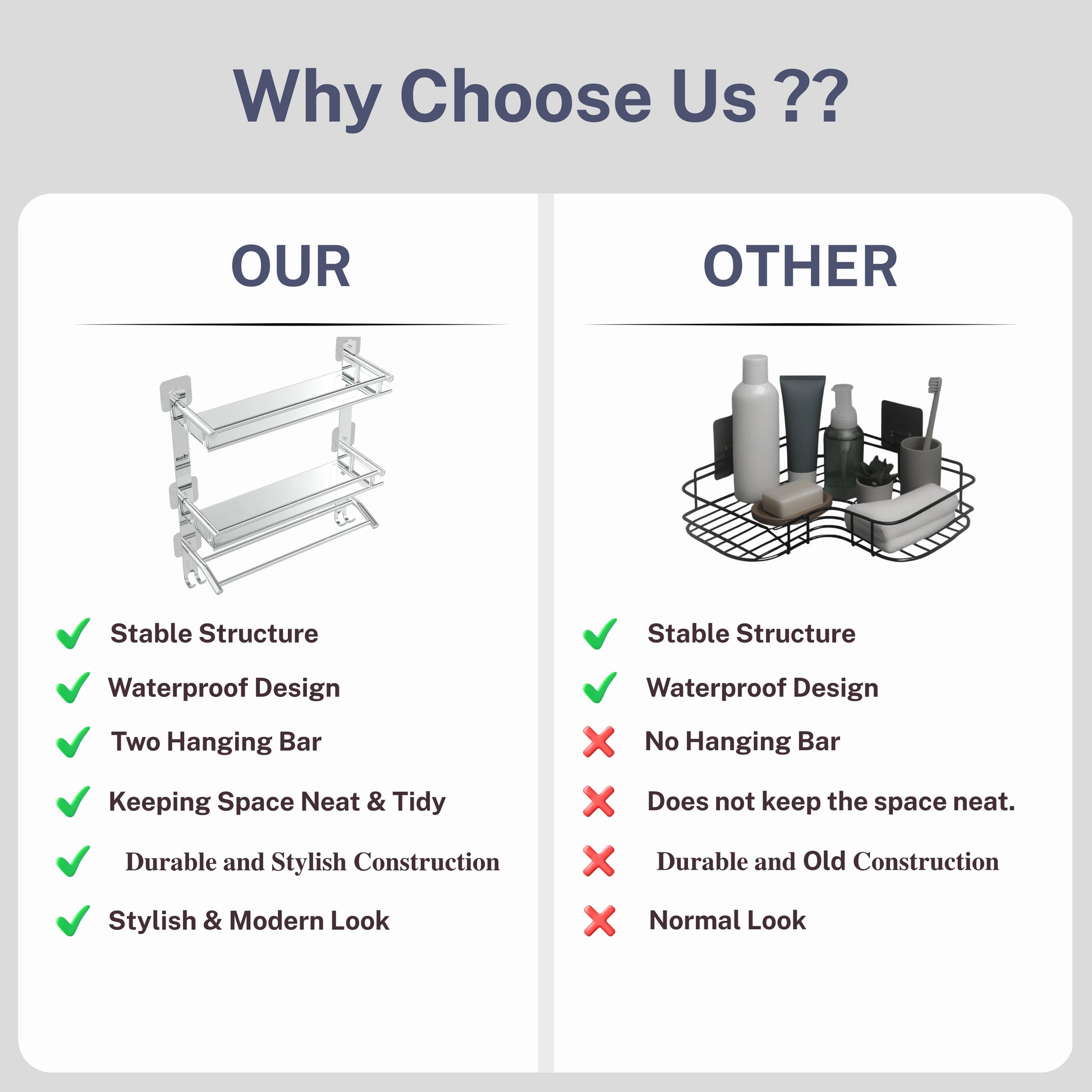 Gloxy Stainless Steel 3-Layer Chrome Finish Bathroom Shelf with Towel Holder-Adhesive Sticker Installation