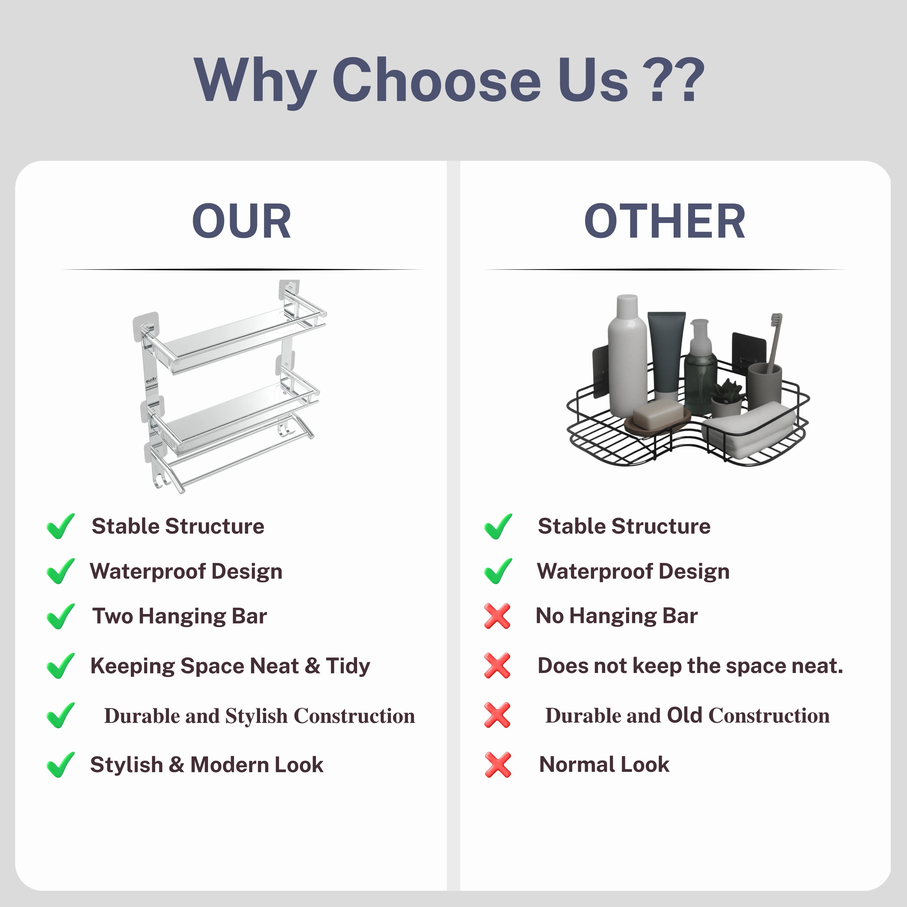 Gloxy Stainless Steel 3-Layer Chrome Finish Bathroom Shelf with Towel Holder-Adhesive Sticker Installation