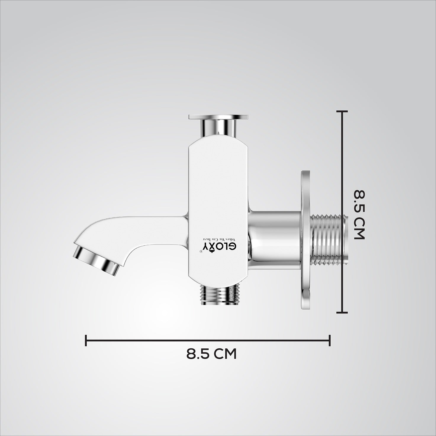Chrome angle valbe with dimensions labeled on a white background