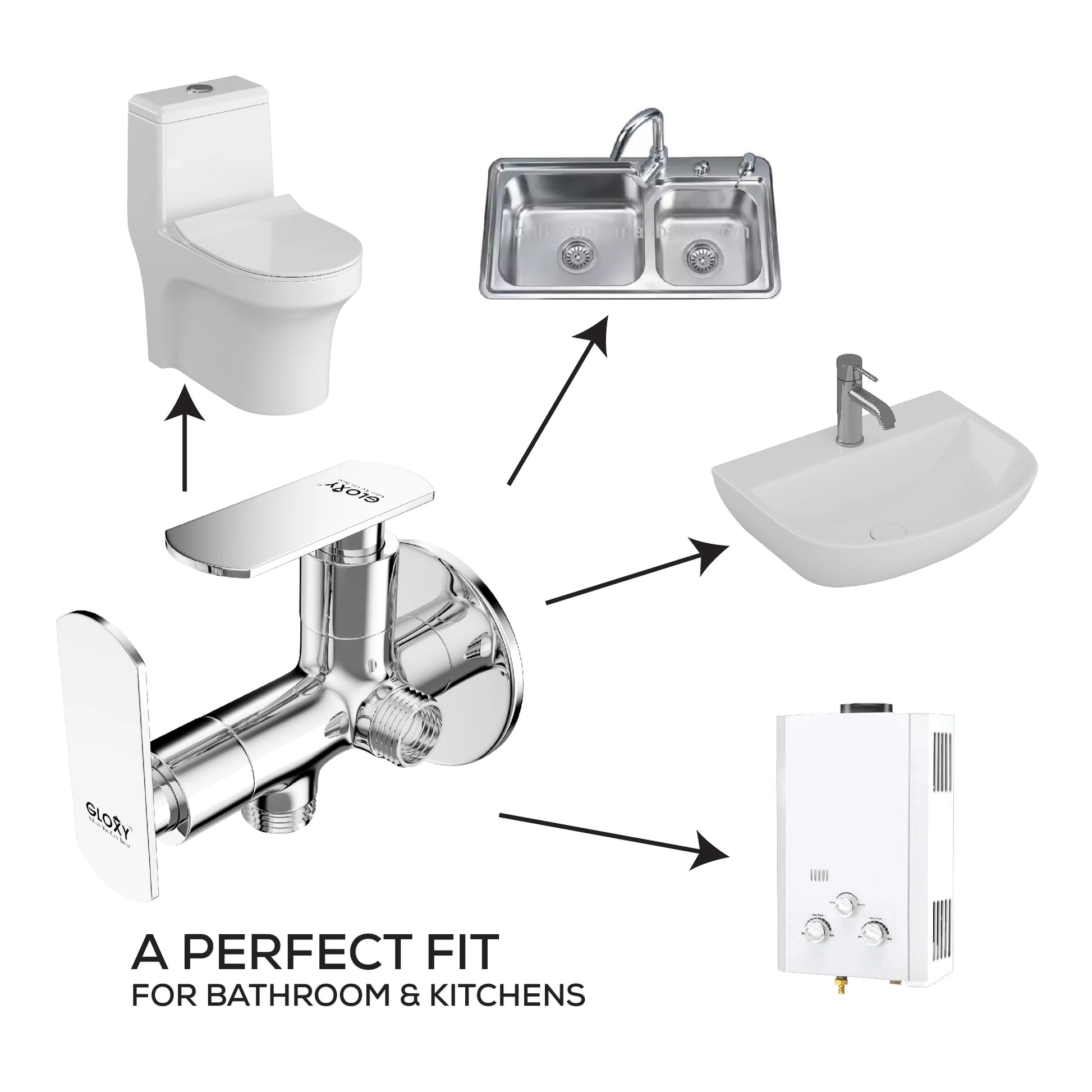 Bathroom and kitchen fixtures with arrows pointing to each item.