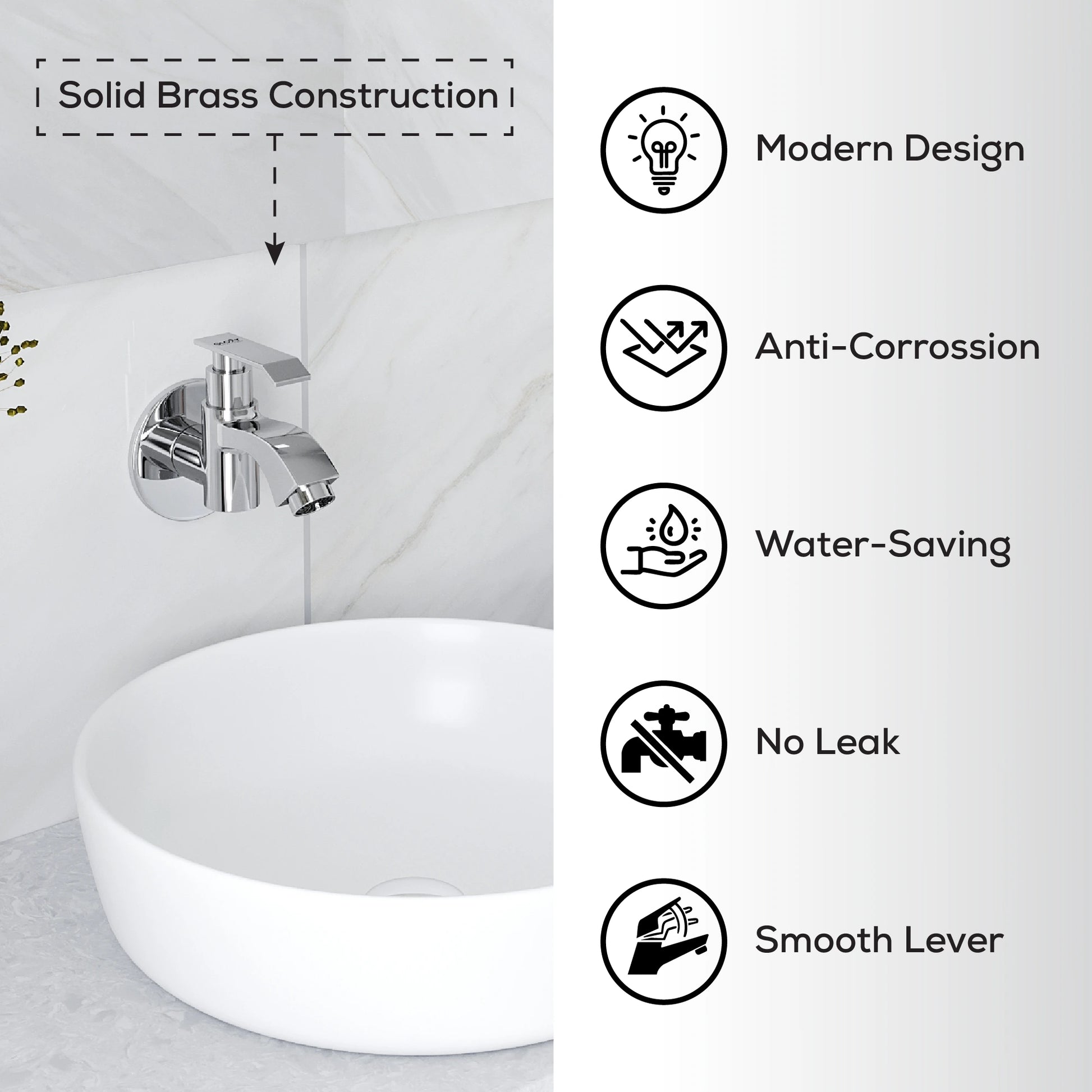 Chrome faucet over a white sink with feature icons on a gray background